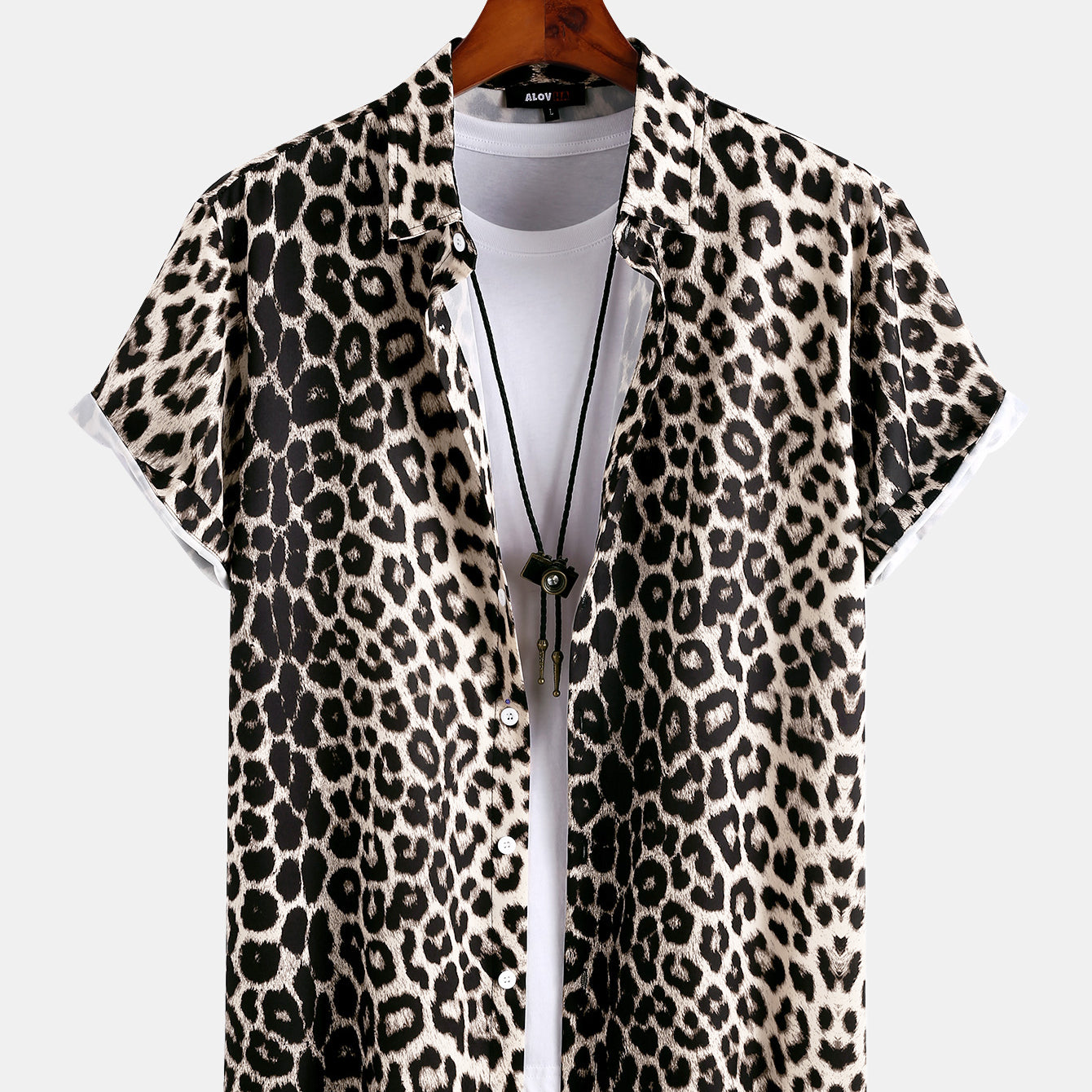 Mens Wild Leopard Print Short Sleeve Button Up Collared Shirt