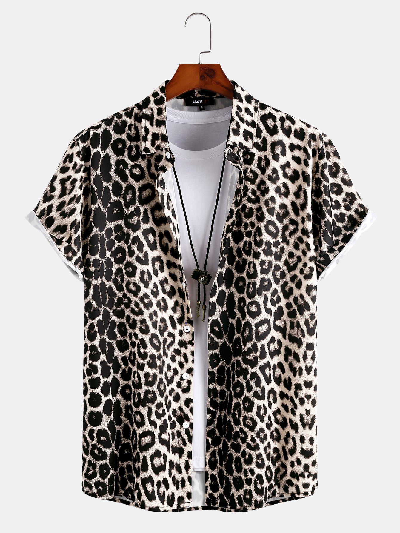 Mens Wild Leopard Print Short Sleeve Button Up Collared Shirt