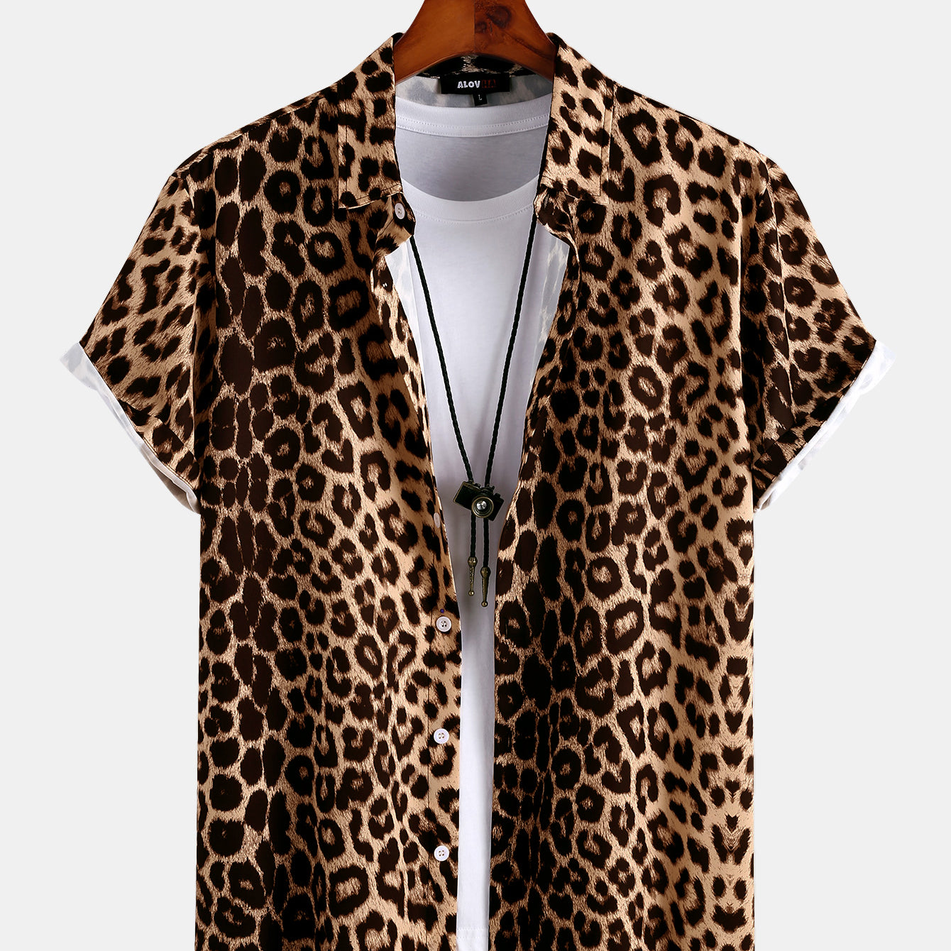 Mens Wild Leopard Print Short Sleeve Button Up Collared Shirt