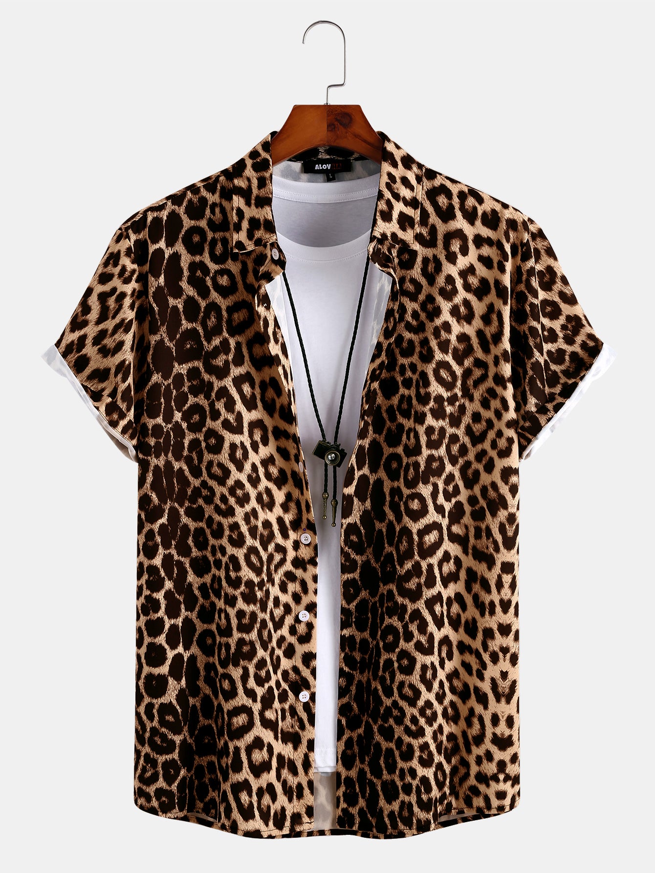 Mens Wild Leopard Print Short Sleeve Button Up Collared Shirt