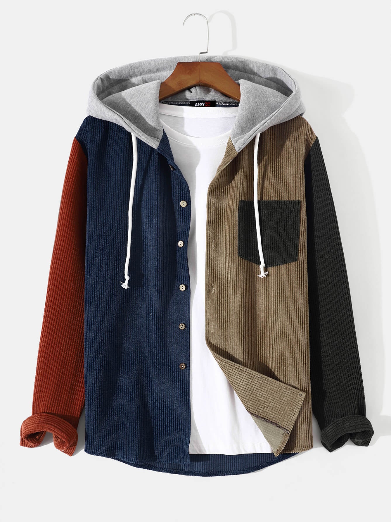 New Contrast Corduroy Patchwork Button Hoodie