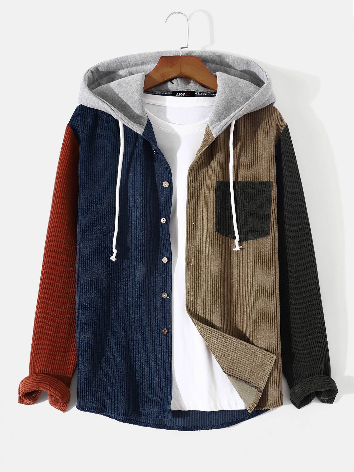 New Contrast Corduroy Patchwork Button Hoodie