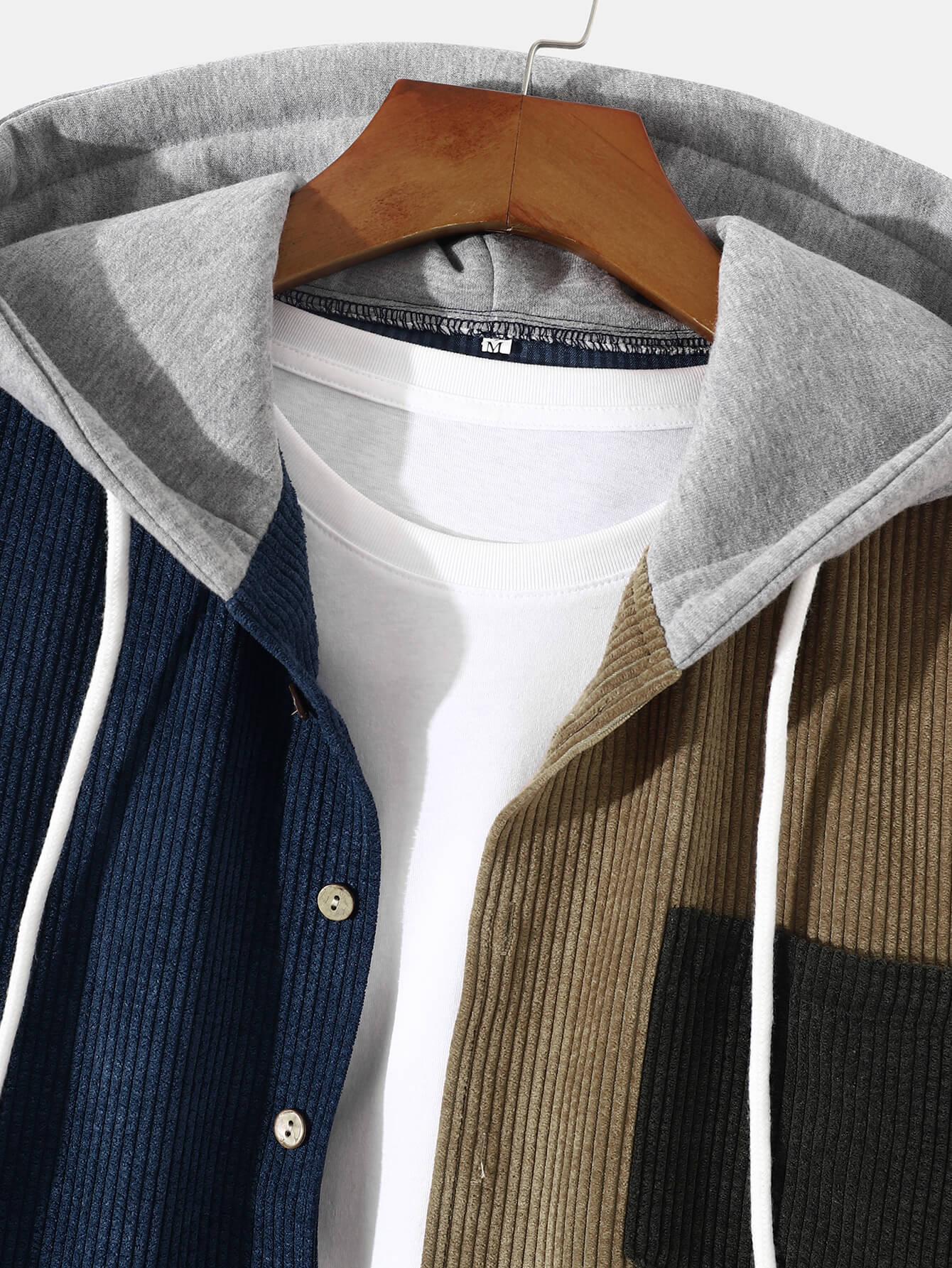 New Contrast Corduroy Patchwork Button Hoodie
