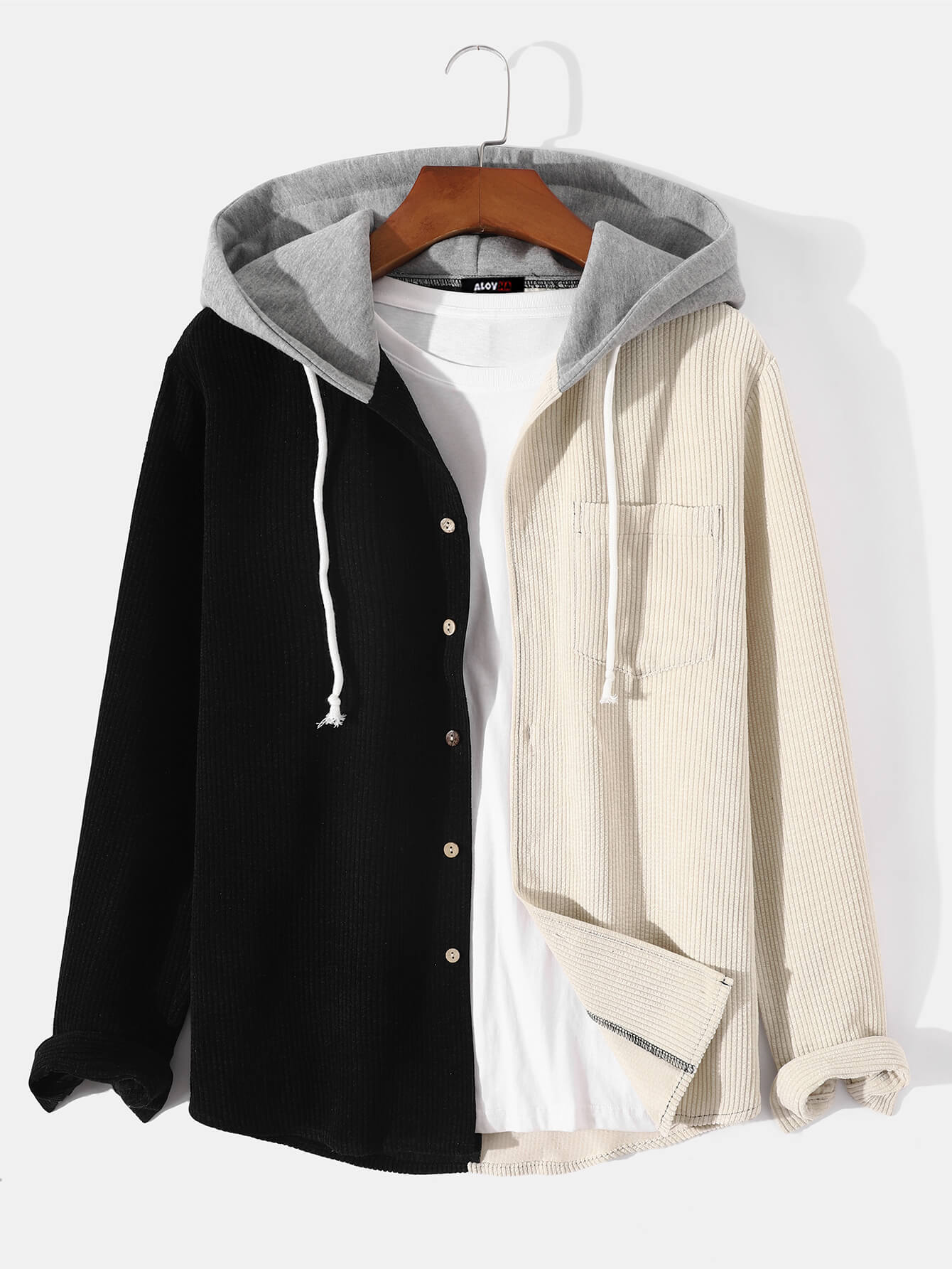 New Men's Black And White Patchwork Corduroy Long-Sleeved Hoodie