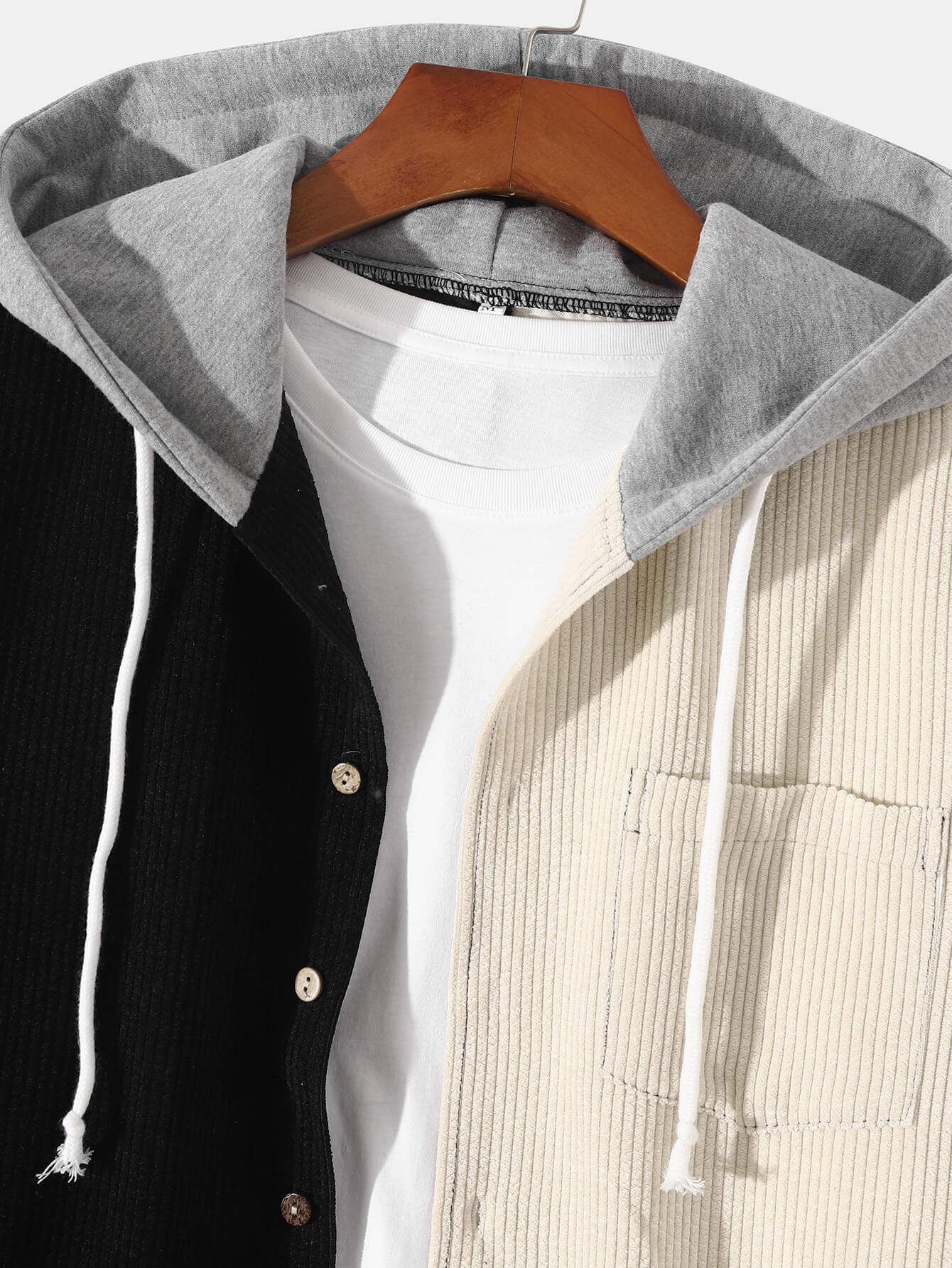 New Men's Black And White Patchwork Corduroy Long-Sleeved Hoodie