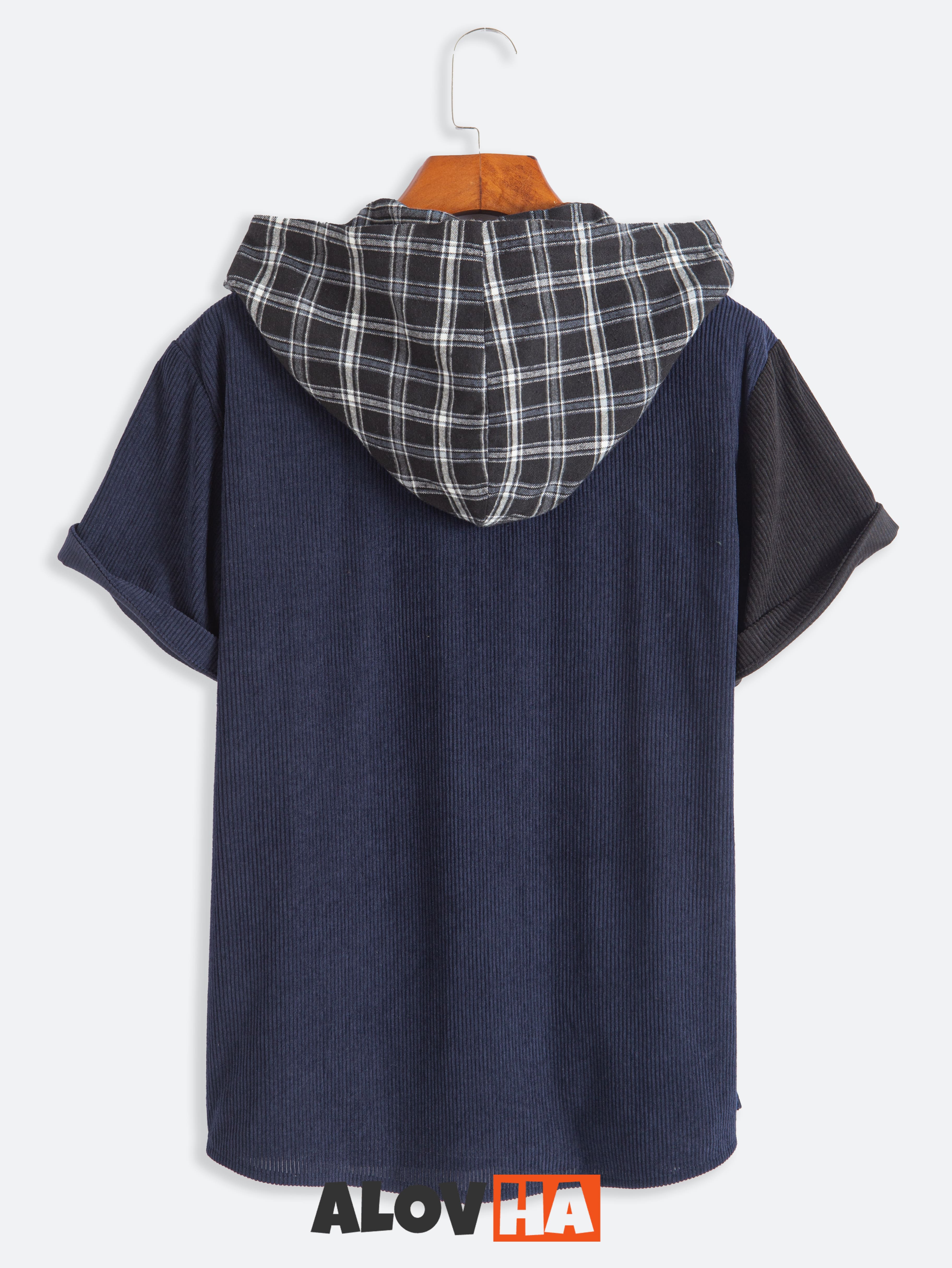 New Men's Corduroy Patchwork Short Sleeve Button Up Hoodie