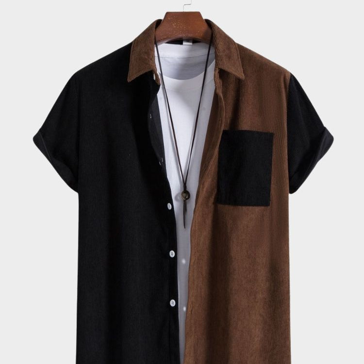 Paneled Corduroy Lapel Striped Shirt