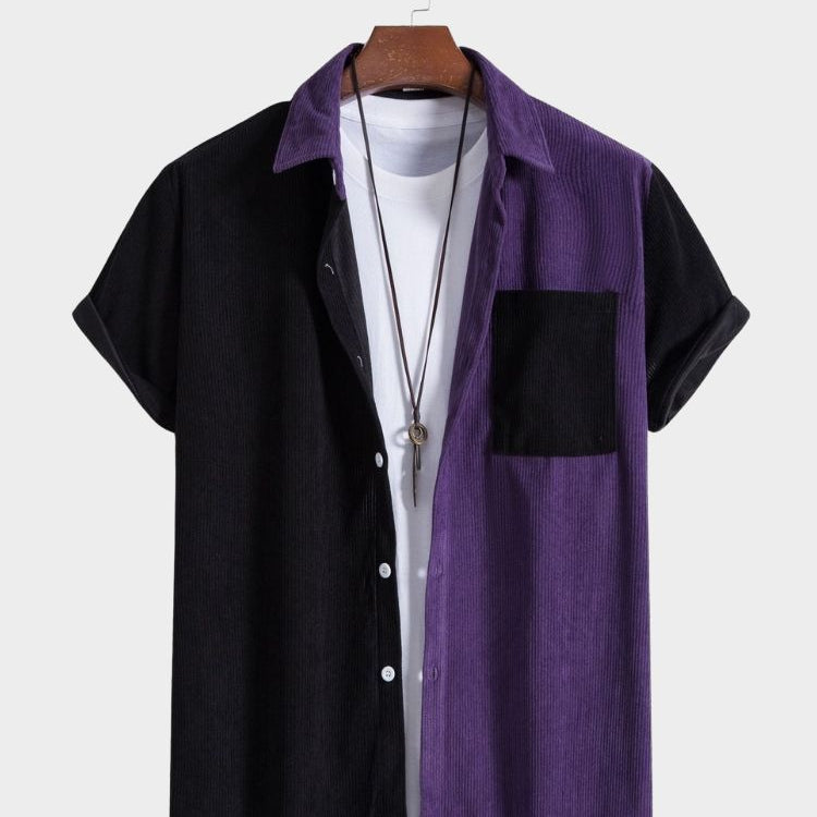 Paneled Corduroy Lapel Striped Shirt