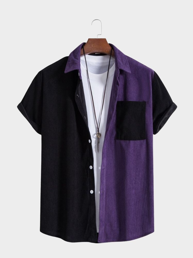 Paneled Corduroy Lapel Striped Shirt