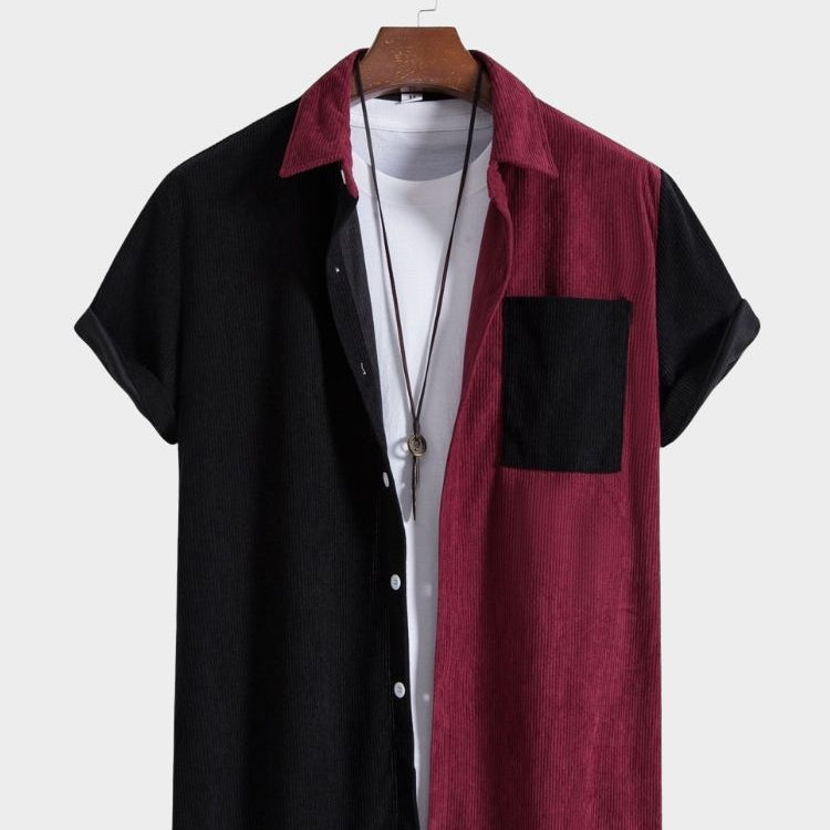 Paneled Corduroy Lapel Striped Shirt