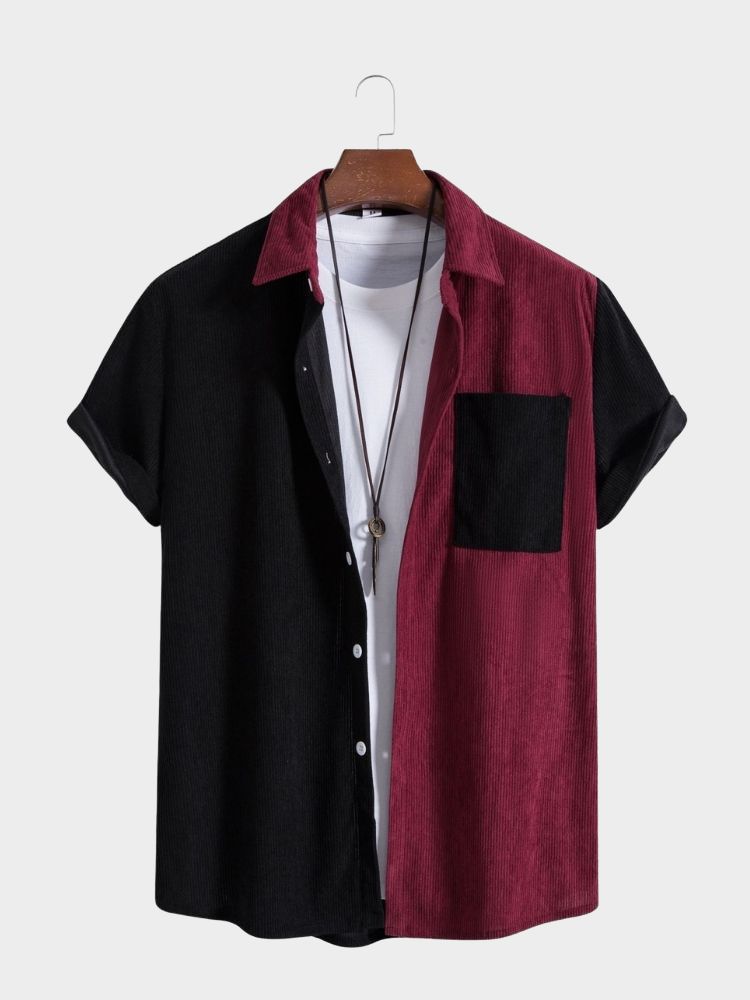 Paneled Corduroy Lapel Striped Shirt