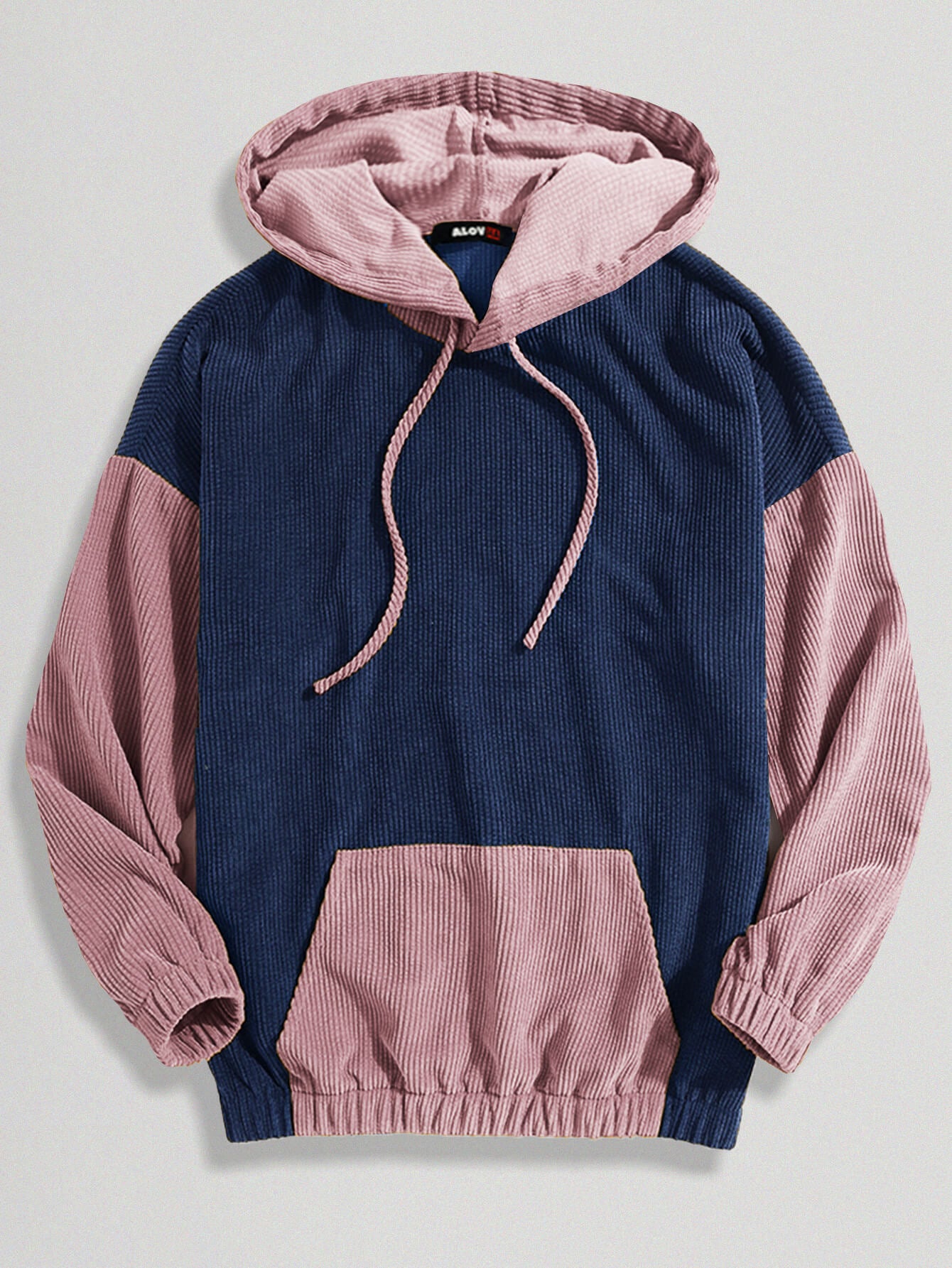 Relaxed Corduroy Patchwork Kangaroo Pocket Hoodie