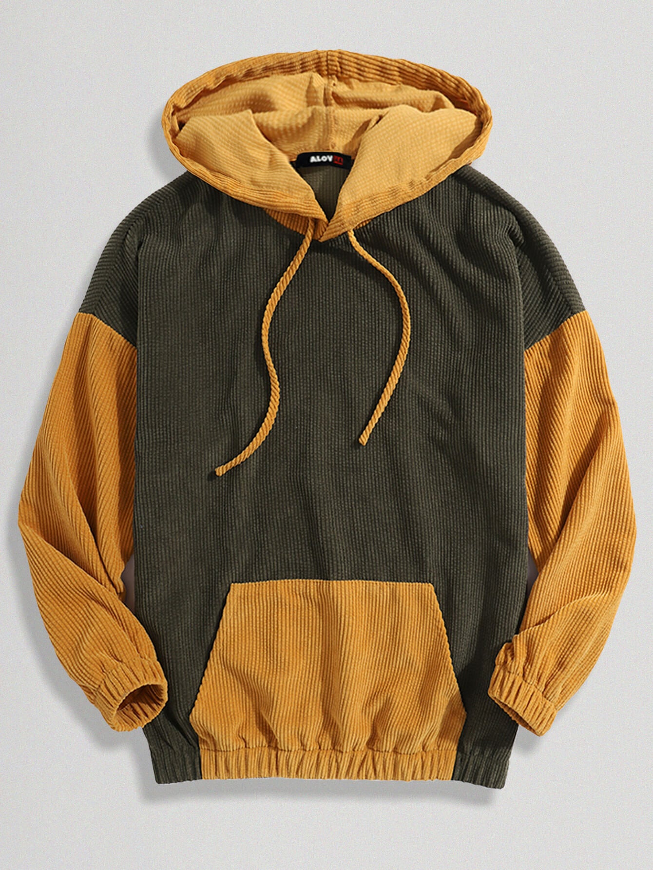 Relaxed Corduroy Patchwork Kangaroo Pocket Hoodie