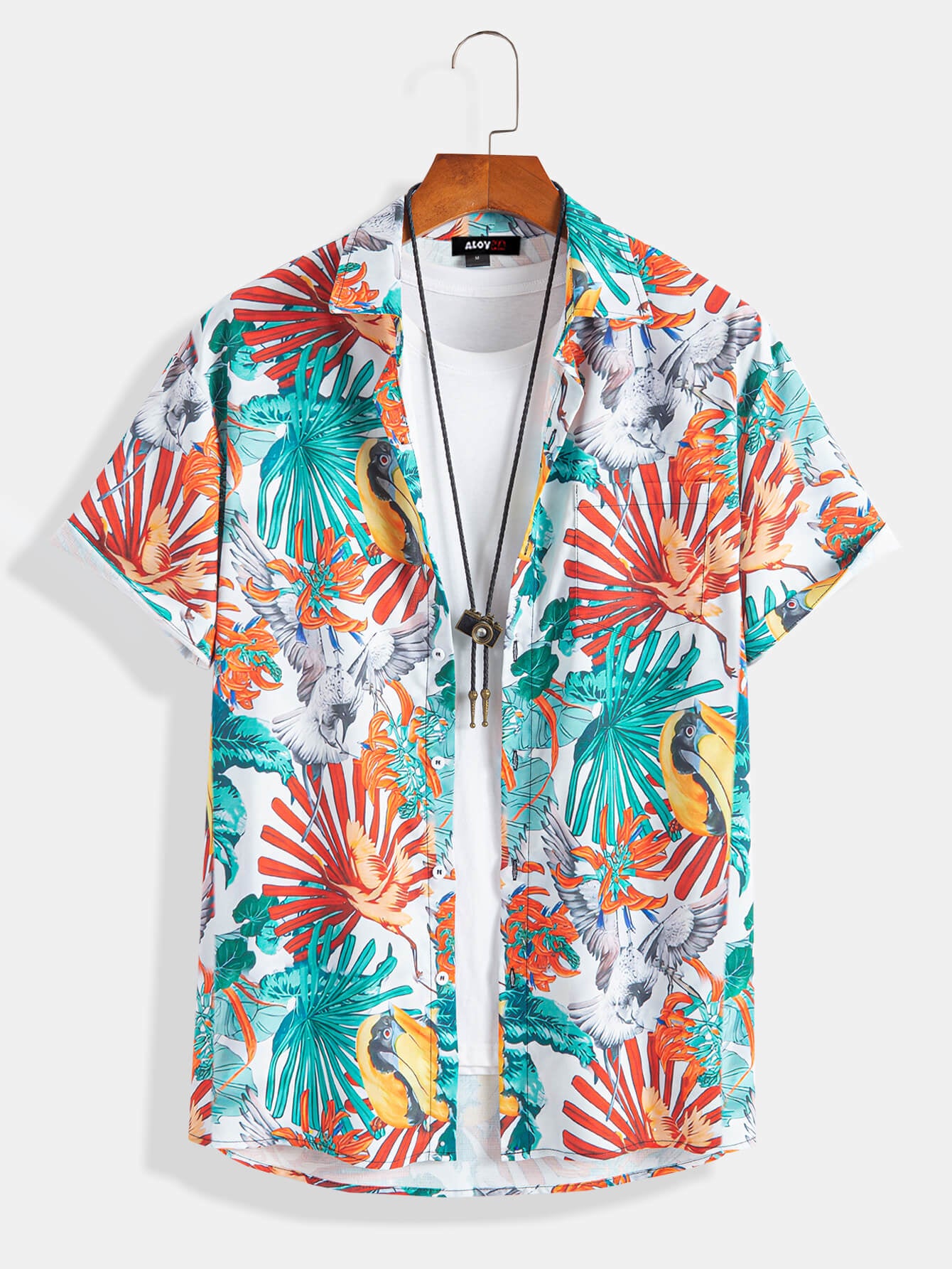 Vintage Hawaiian Tropical Bird Print Textured Button-Up Shirt