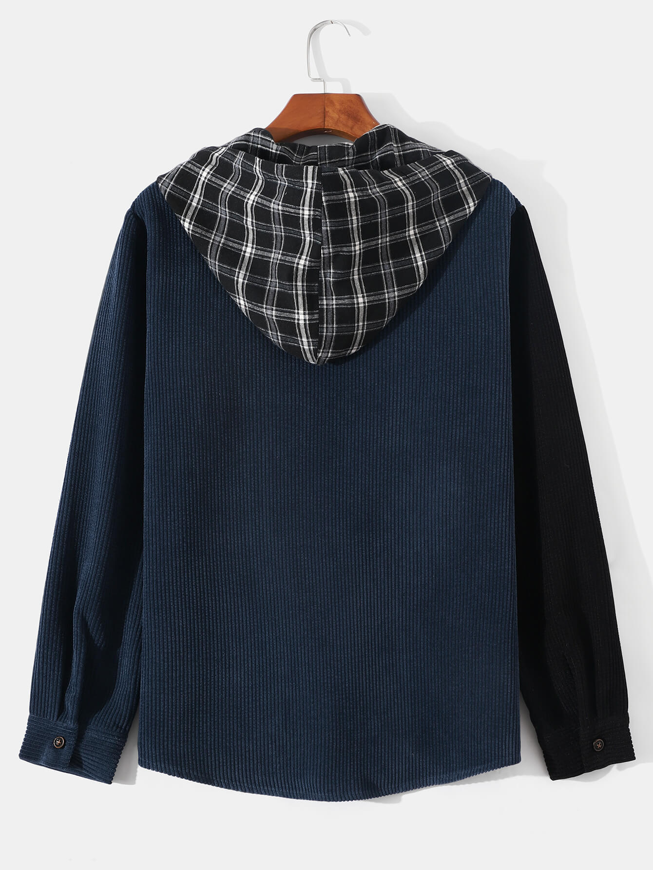 Stylish Corduroy Paneled Long-Sleeved Plaid Hoodie