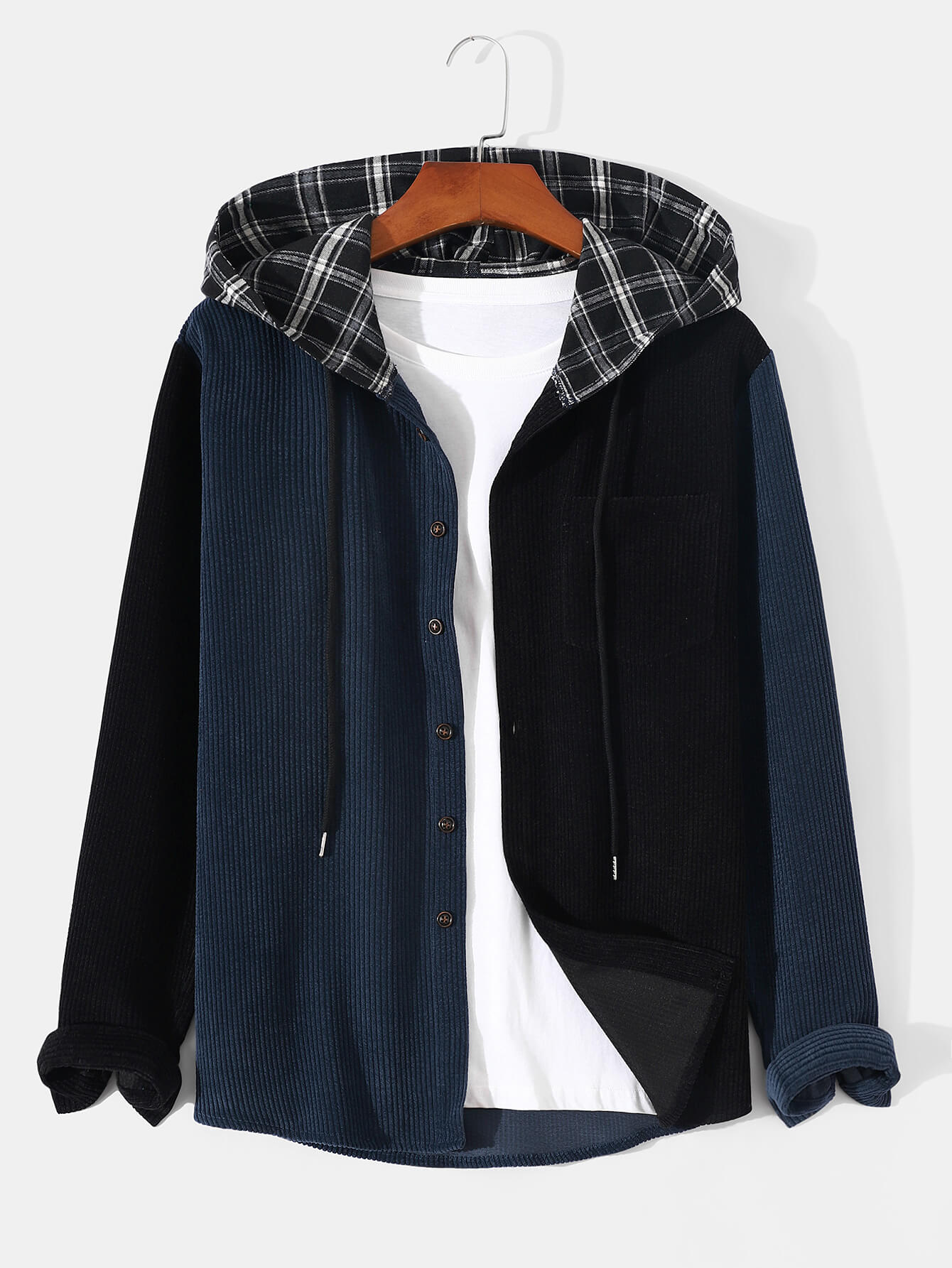 Stylish Corduroy Paneled Long-Sleeved Plaid Hoodie