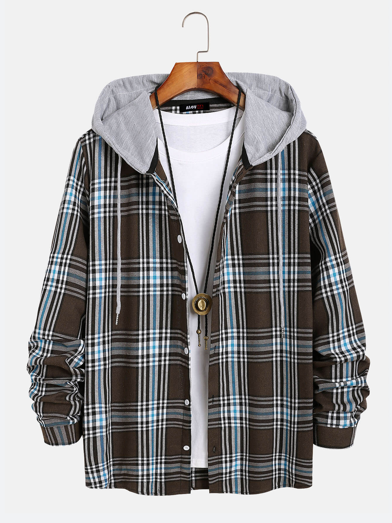 Mens Plaid Flannel Long Sleeve Button Up Hoodie