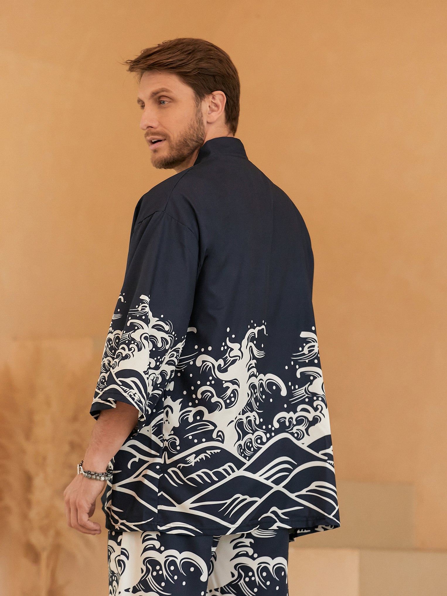 Two-Piece Kimono Set With Wave Element Print