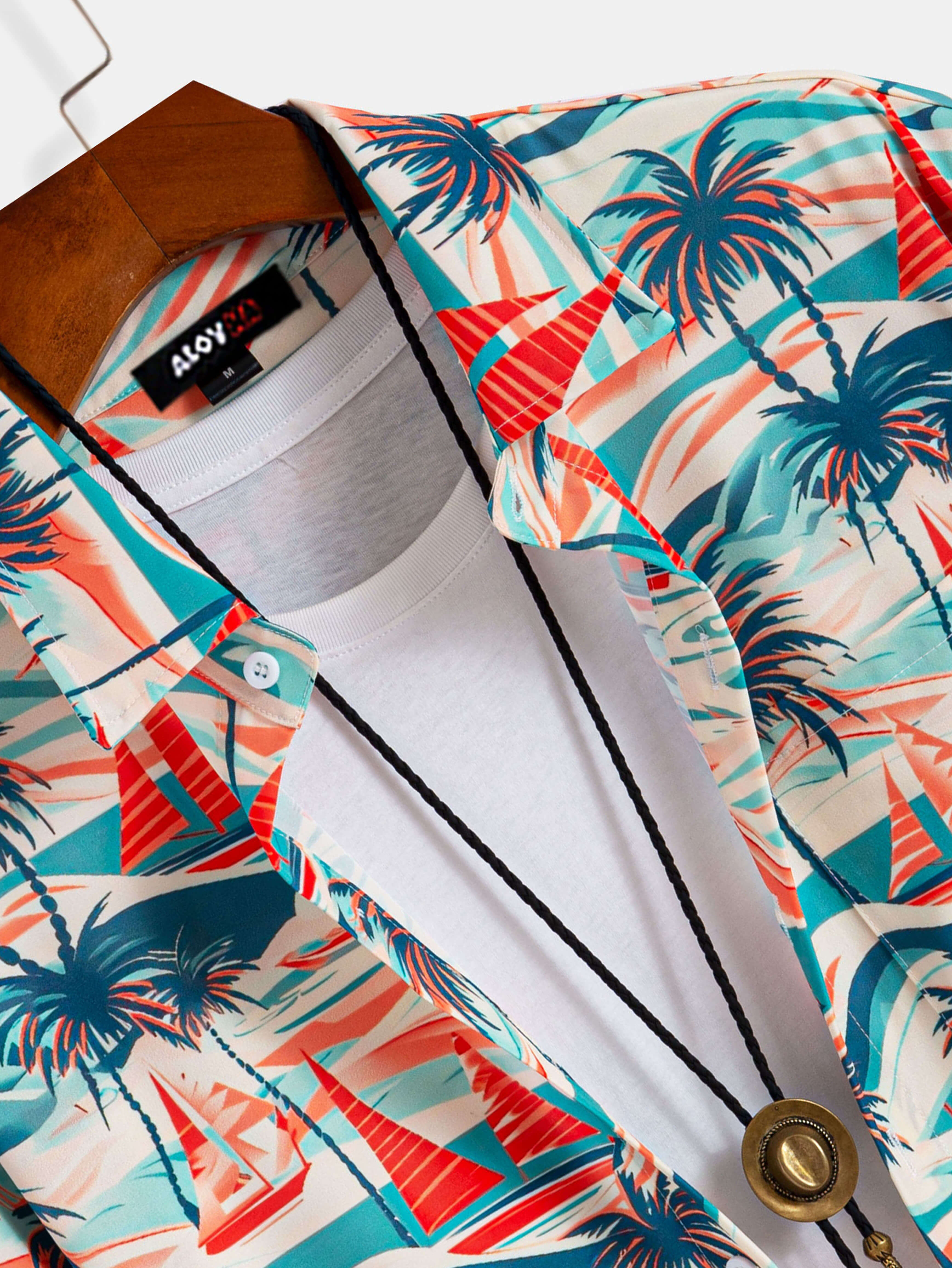 Vintage Hawaiian Shirt Beach Sail Tree Print Button-Up Shirt