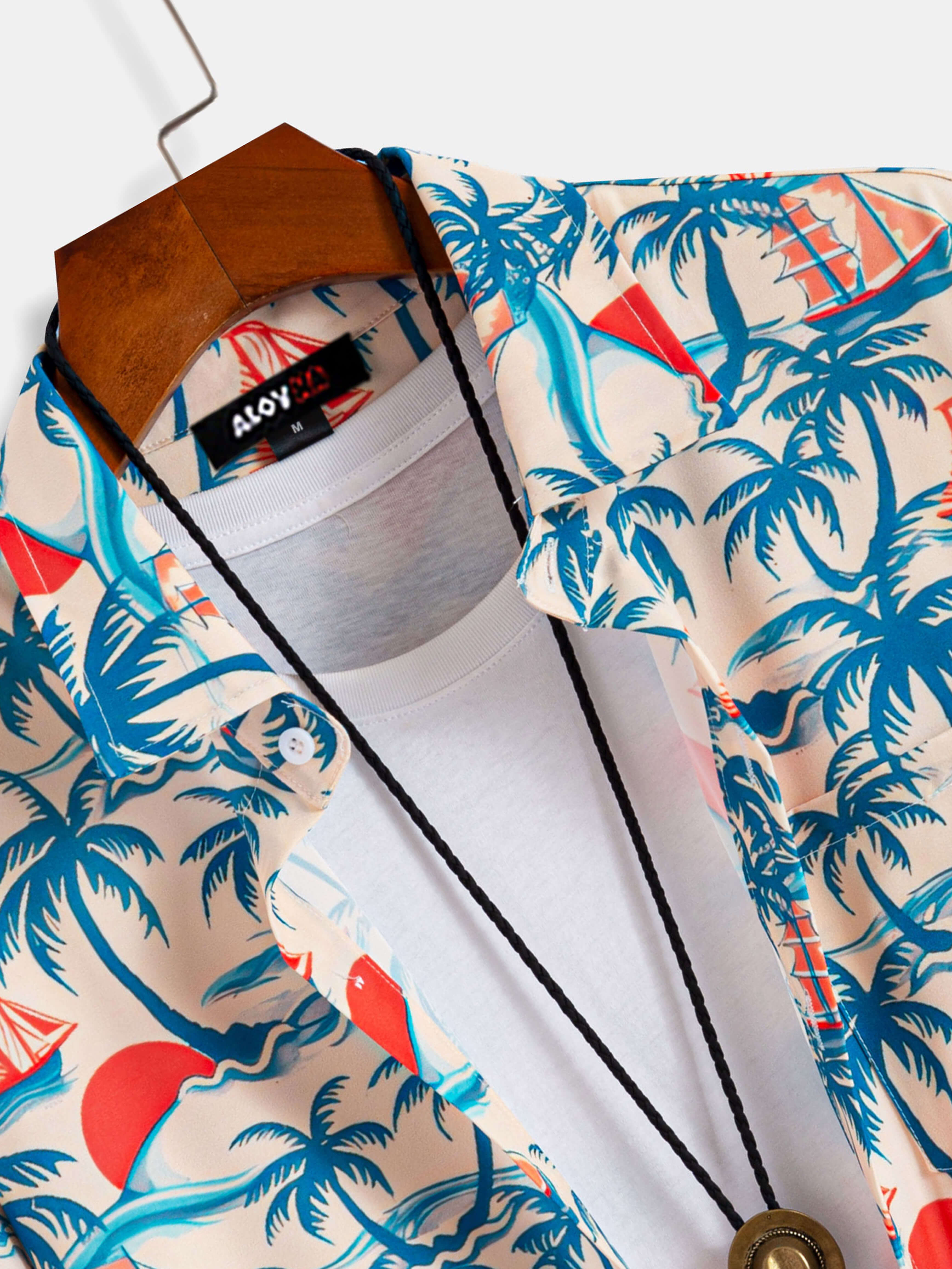 Vintage Hawaiian Shirt Beach Sail Tree Print Button-Up Shirt