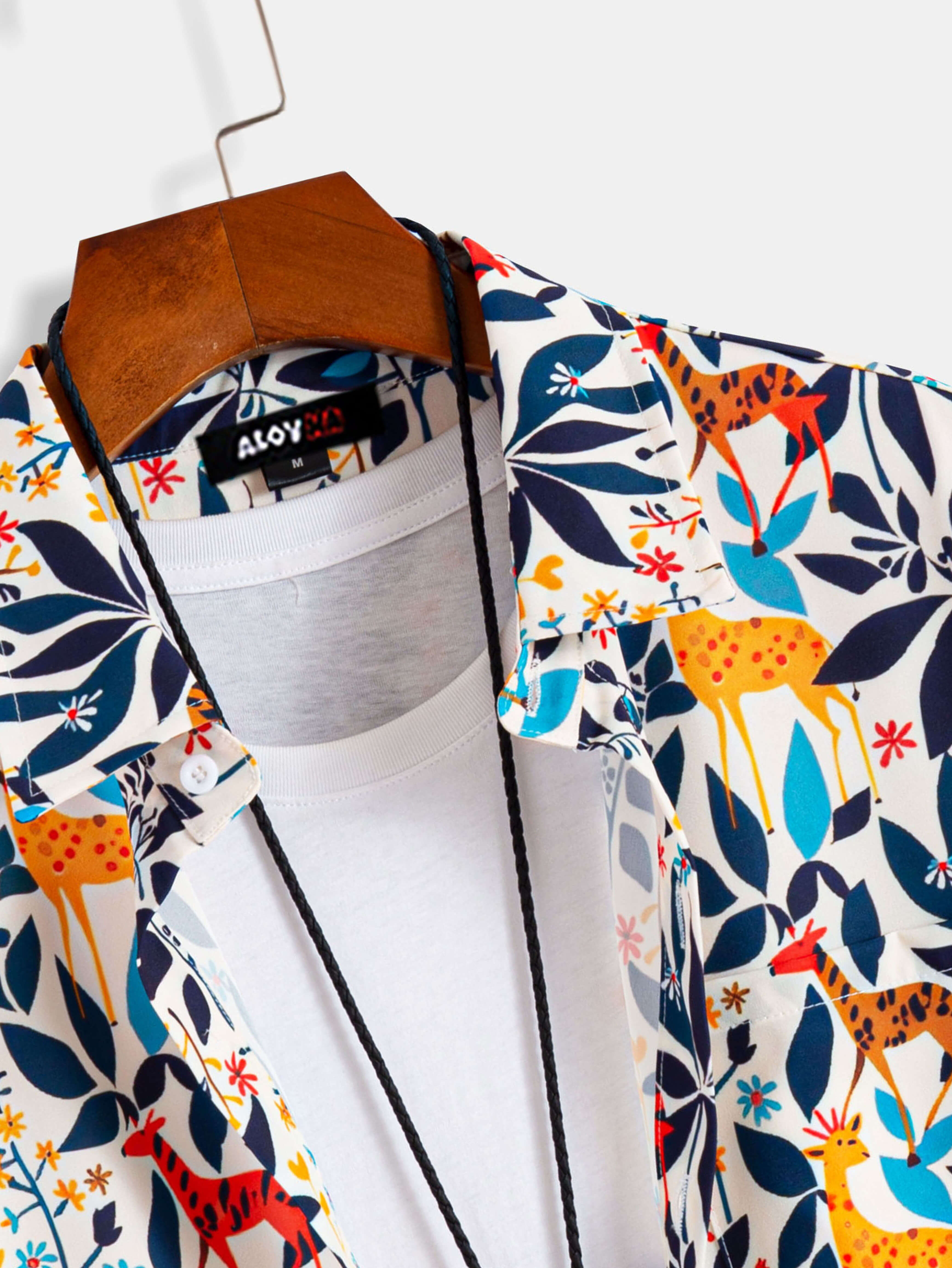 Vintage Hawaiian Shirt Giraffe Floral Button Up Shirt