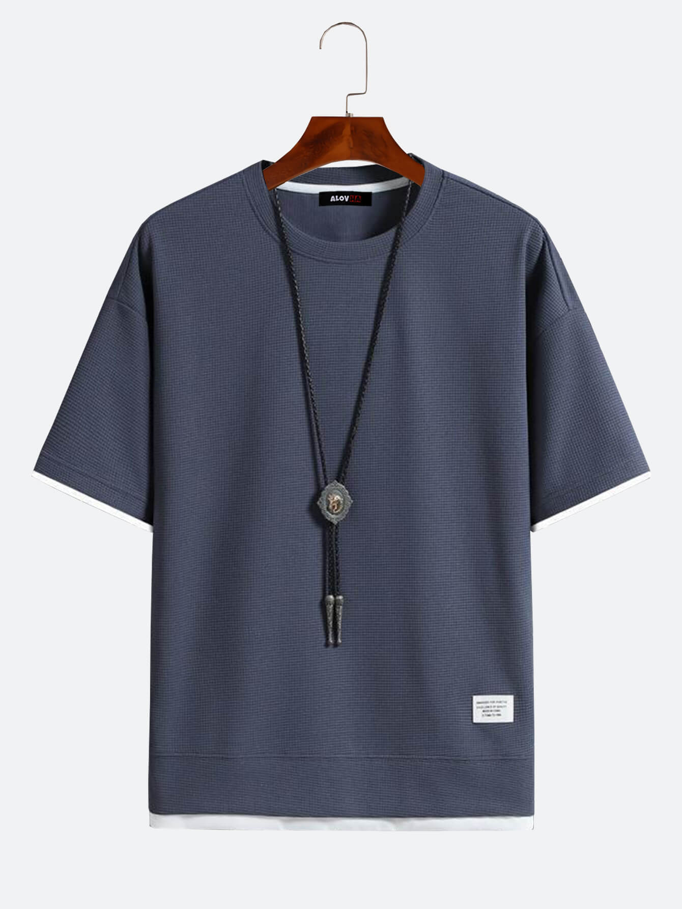 Waffle Fake Two Piece Loose Half Sleeve Round Neck Short Sleeve T-Shirt