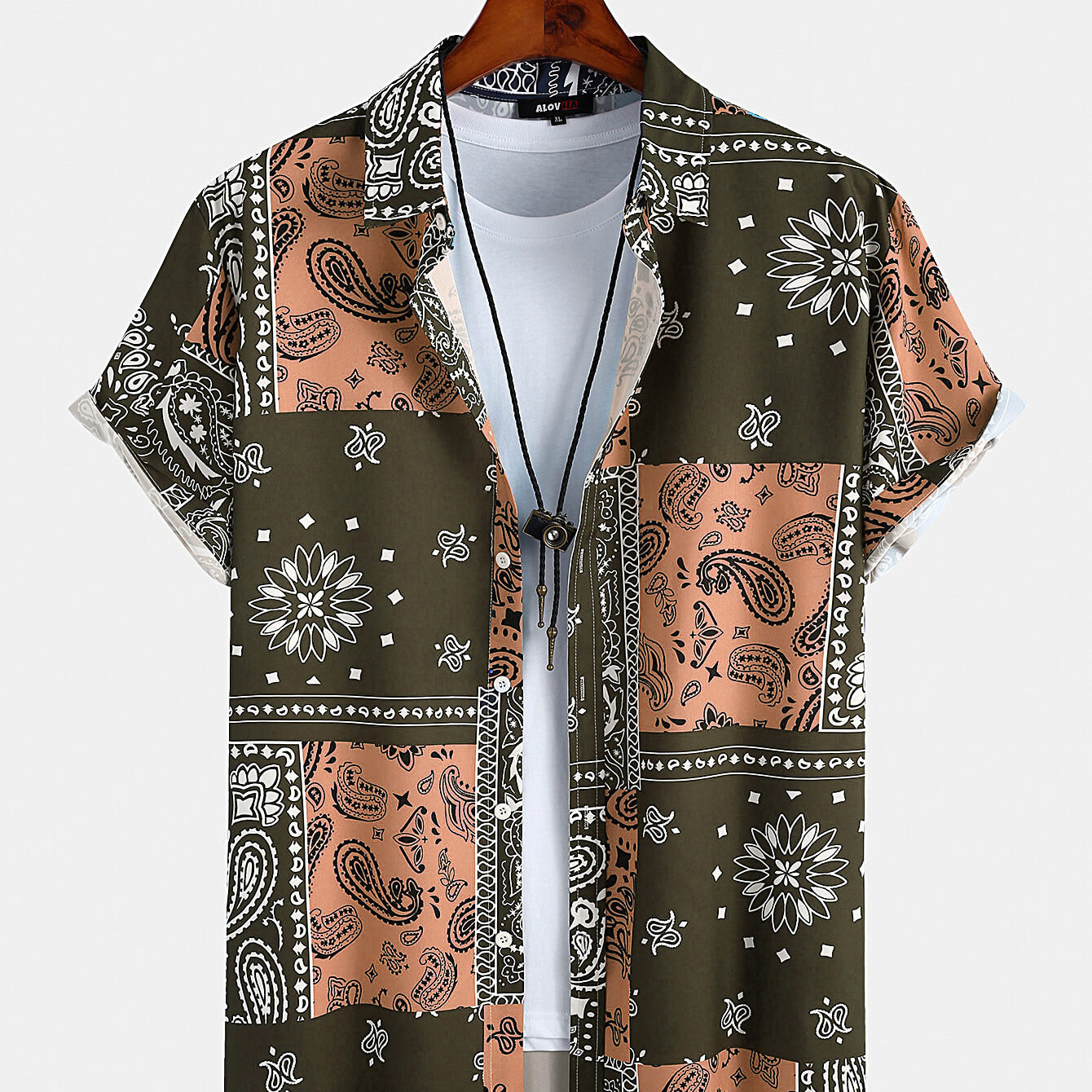 Mens Floral Paisley Short Sleeve Button Up Collared Vacation Shirt
