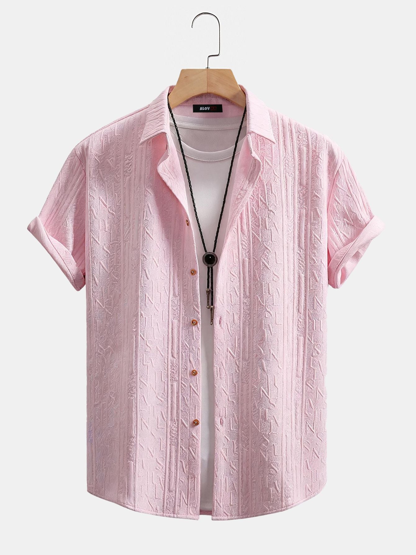 Embossed Stripe Texture Cuban Collar Short Sleeve