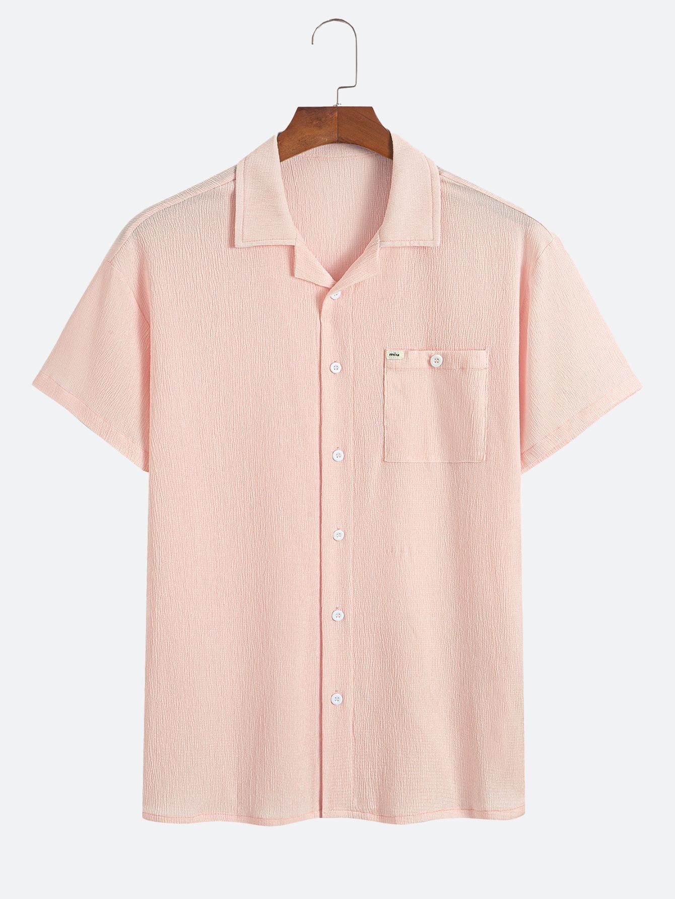 Textured Pink Casual Collared Short-Sleeve Shirt