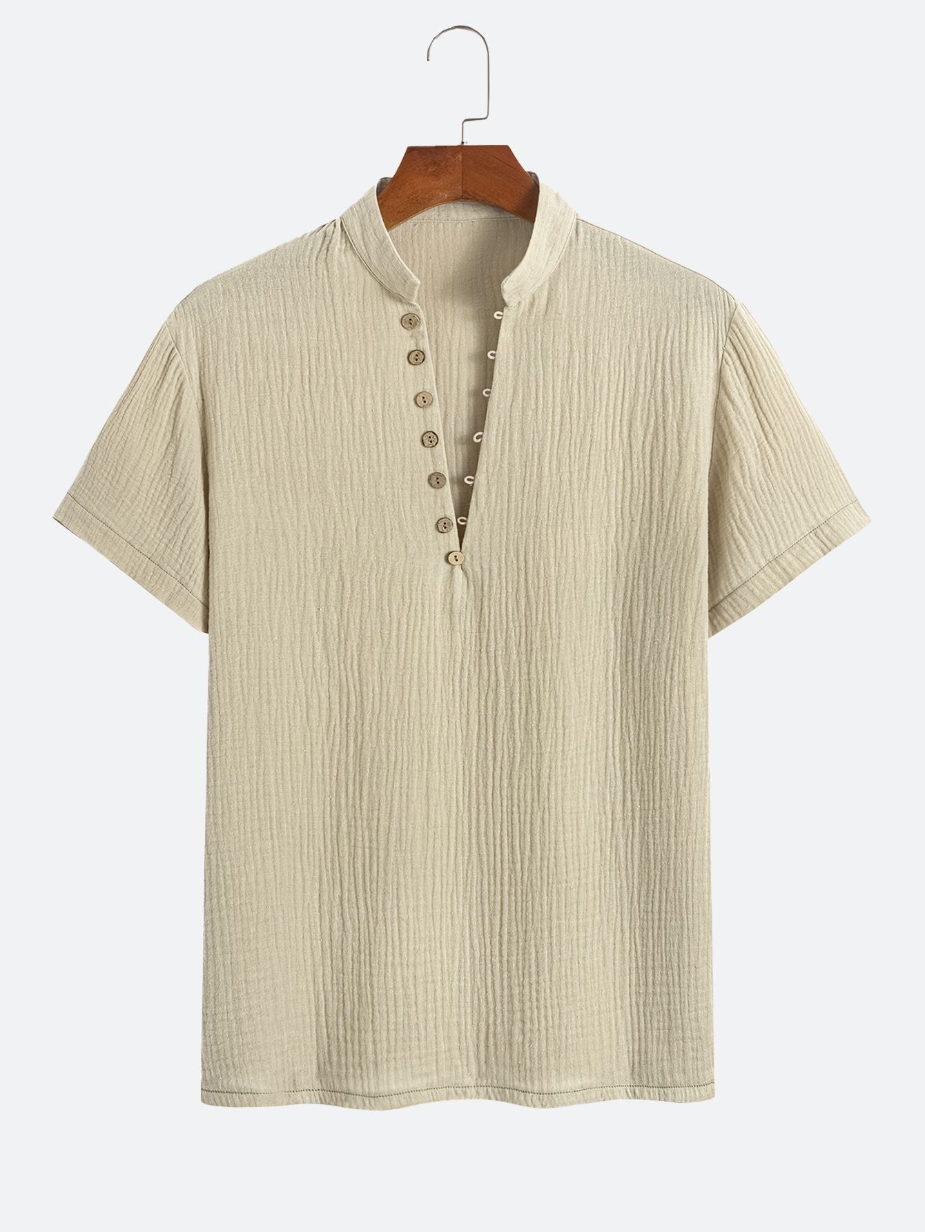 Henley Collar Textured Basic Khaki T-shirt