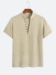 Henley Collar Textured Basic Khaki T-shirt