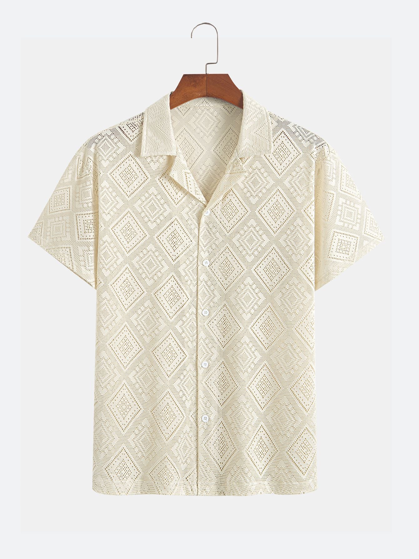 Hollowed-out Diamond Pattern Texture Casual Beige Shirt