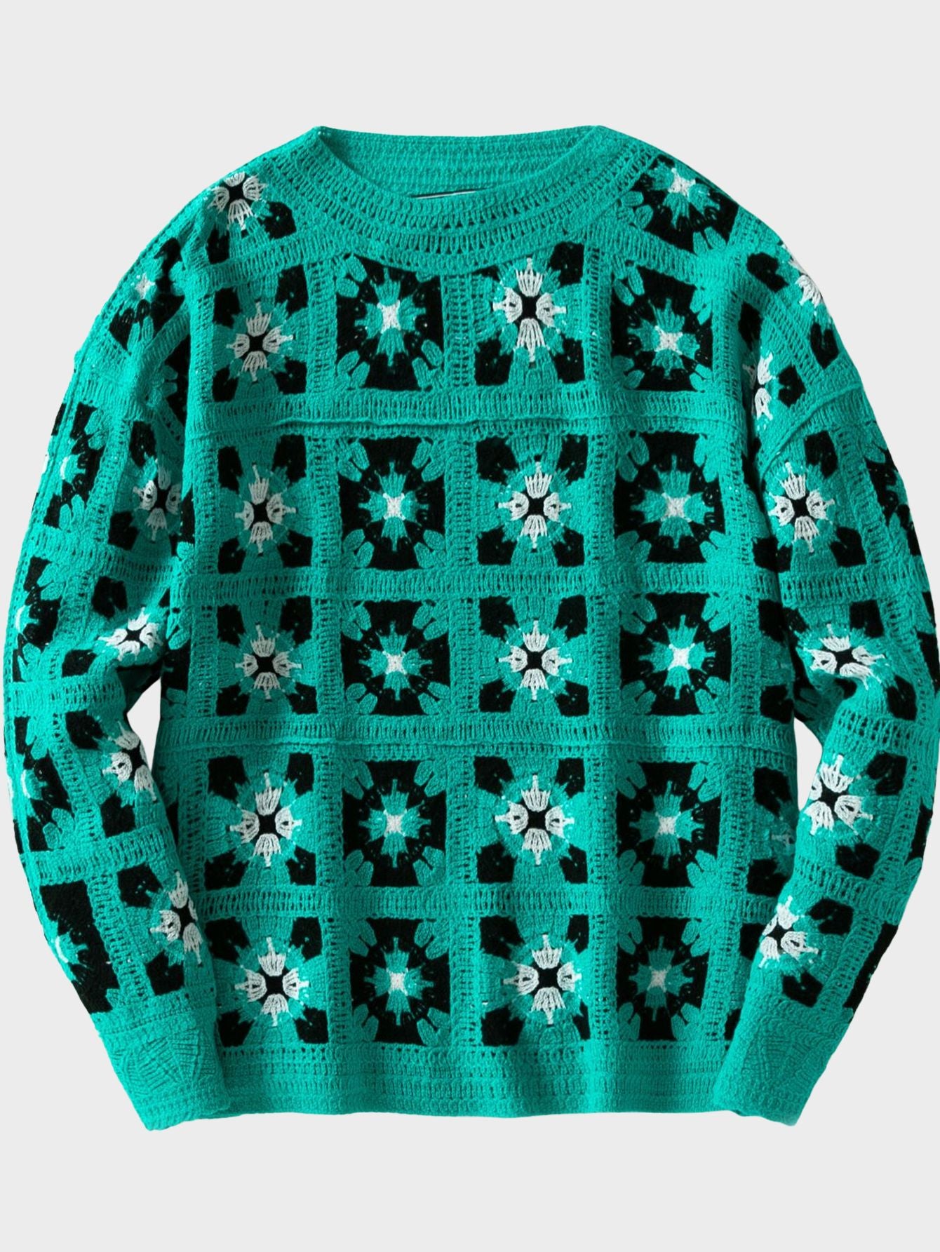 Checkered Geometric Floral Patchwork Knit Sweater