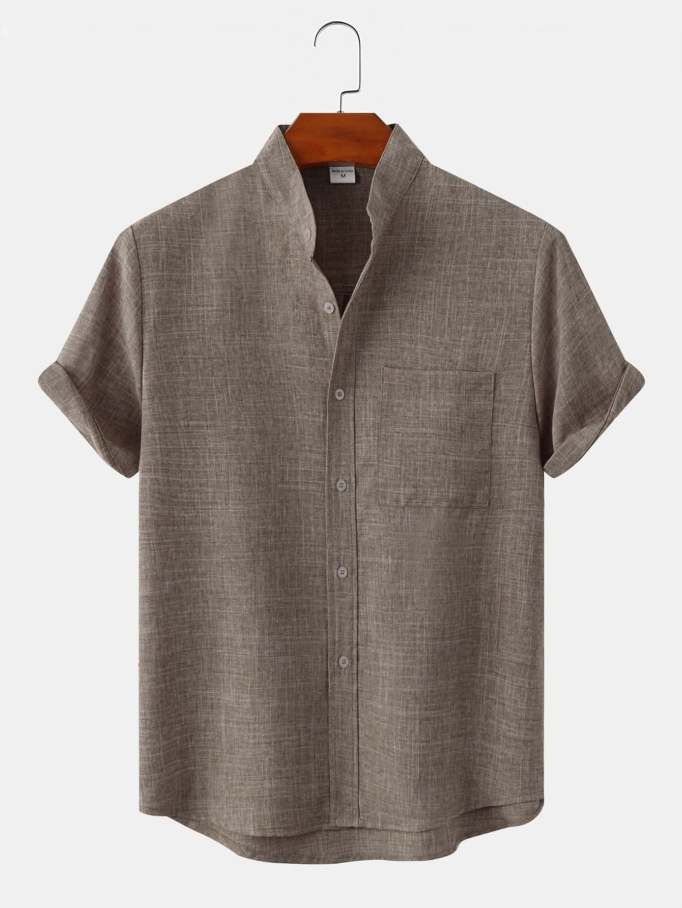 Solid Color Stand Collar Short Sleeve Shirt