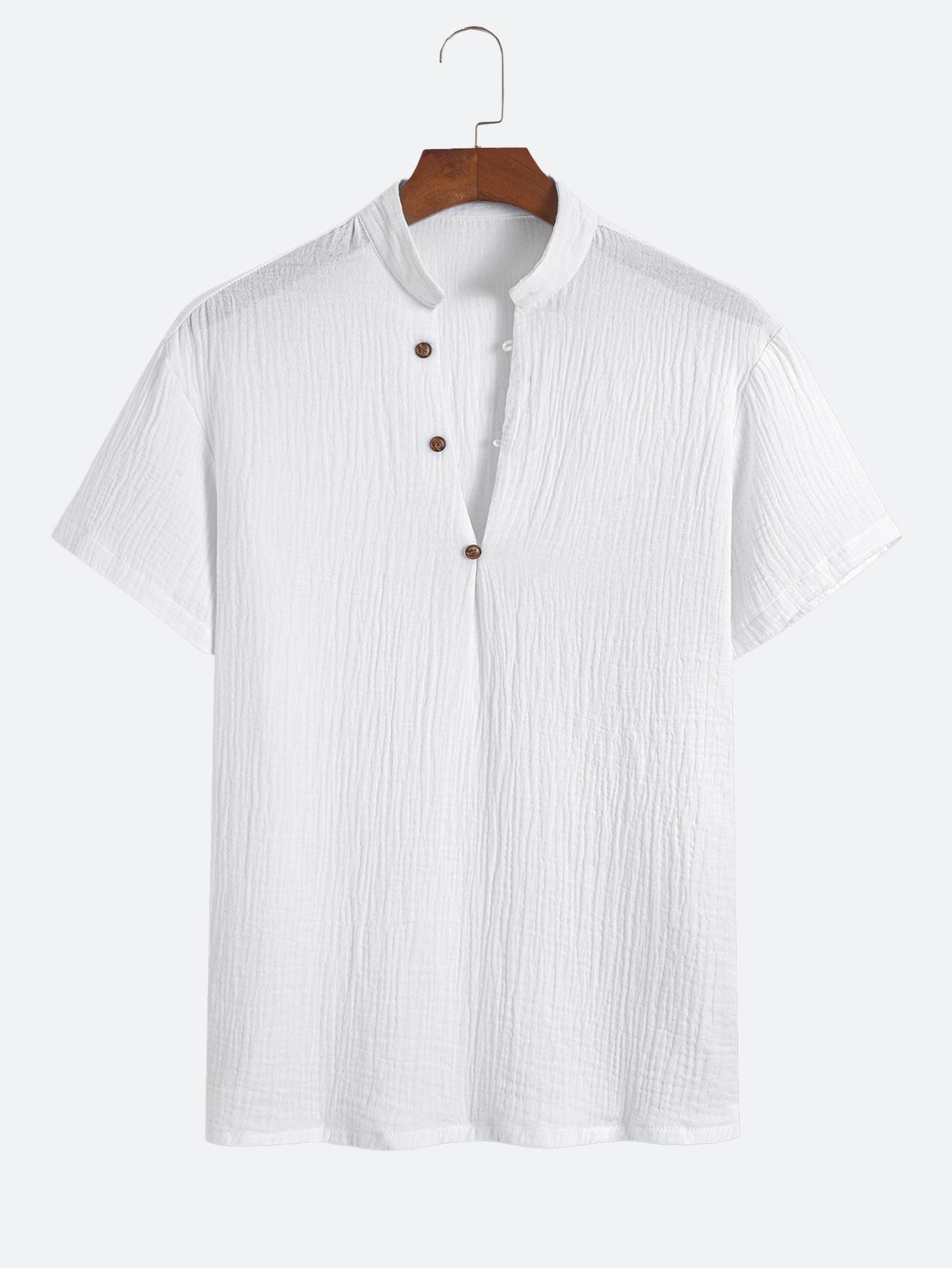 Textured Henley Collar Casual Short-Sleeve T-Shirt with Diagonal Button