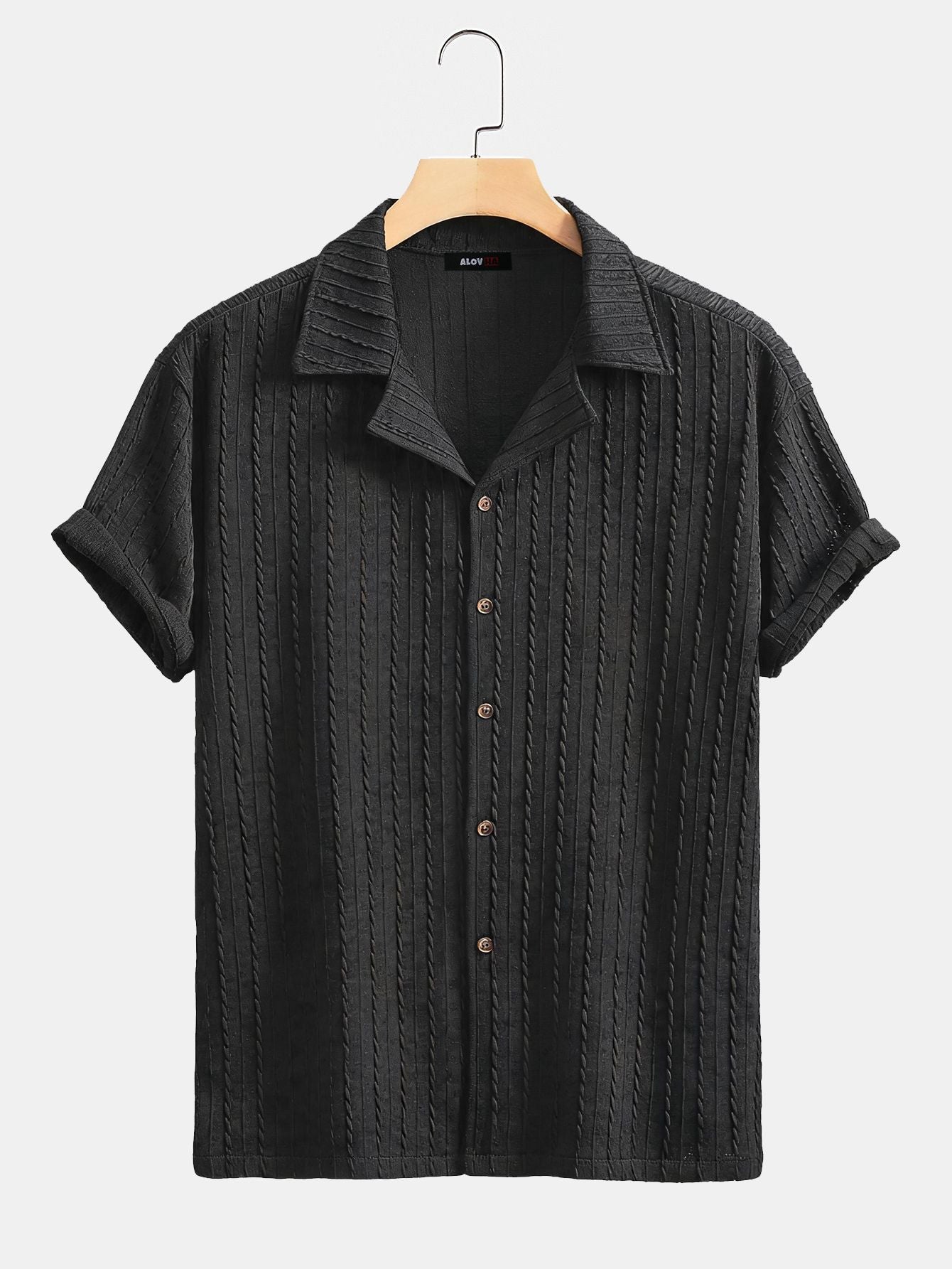 Vertical Stripe Texture Cuban Collar Short Sleeve Shirt