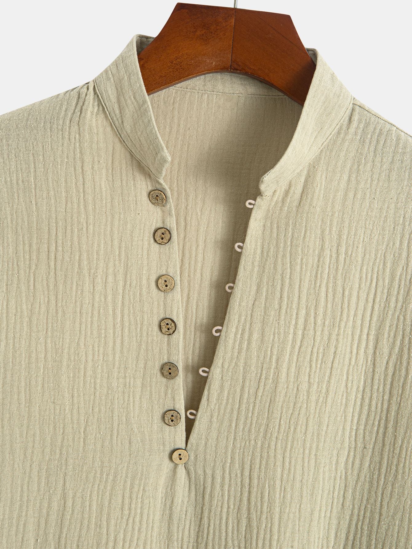 Henley Collar Textured Basic Khaki T-shirt