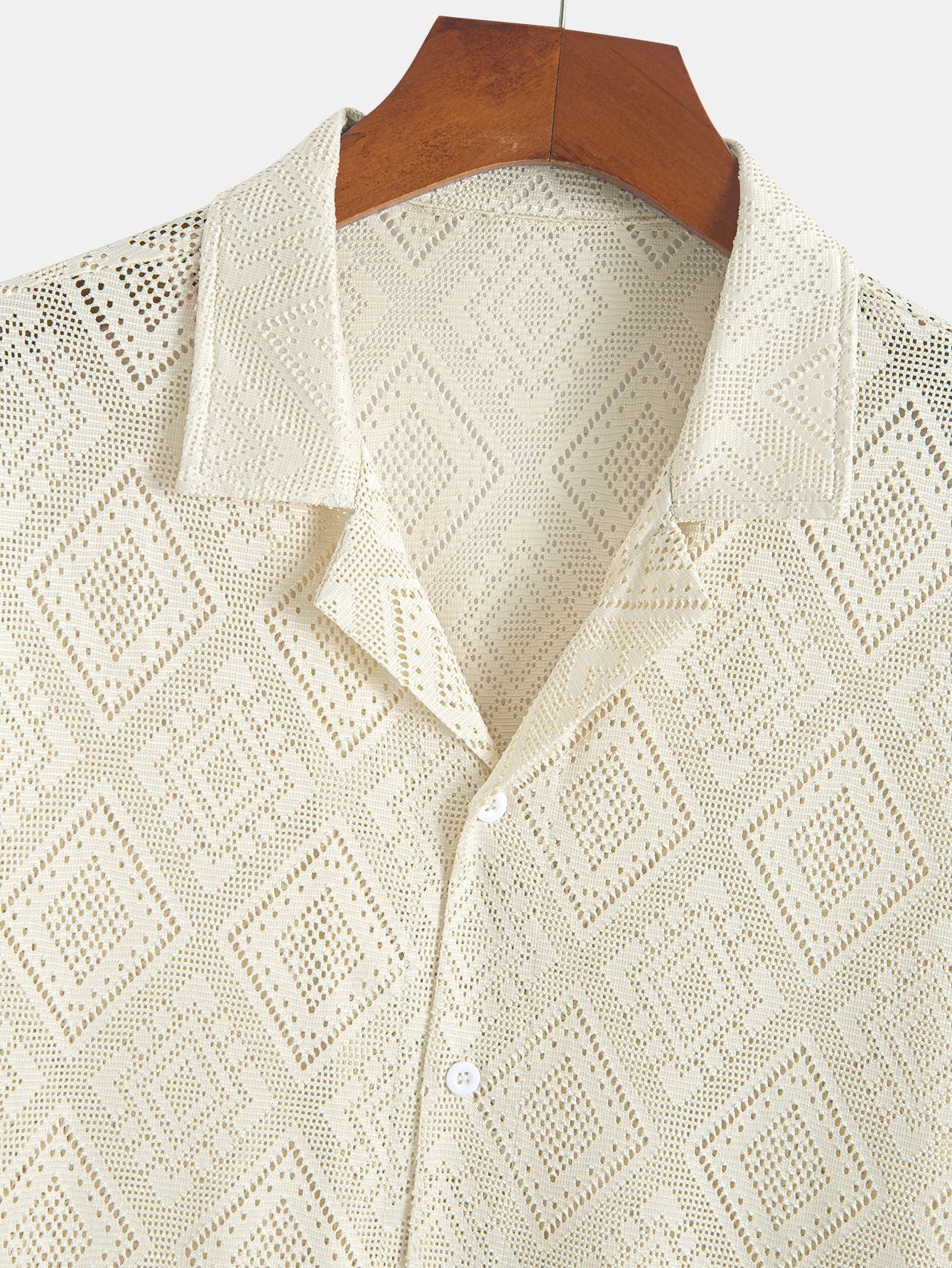 Hollowed-out Diamond Pattern Texture Casual Beige Shirt