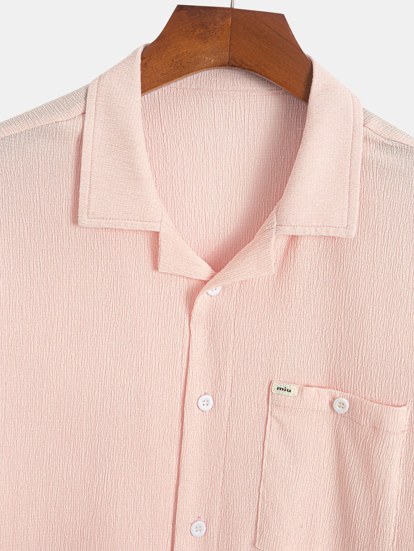 Textured Pink Casual Collared Short-Sleeve Shirt