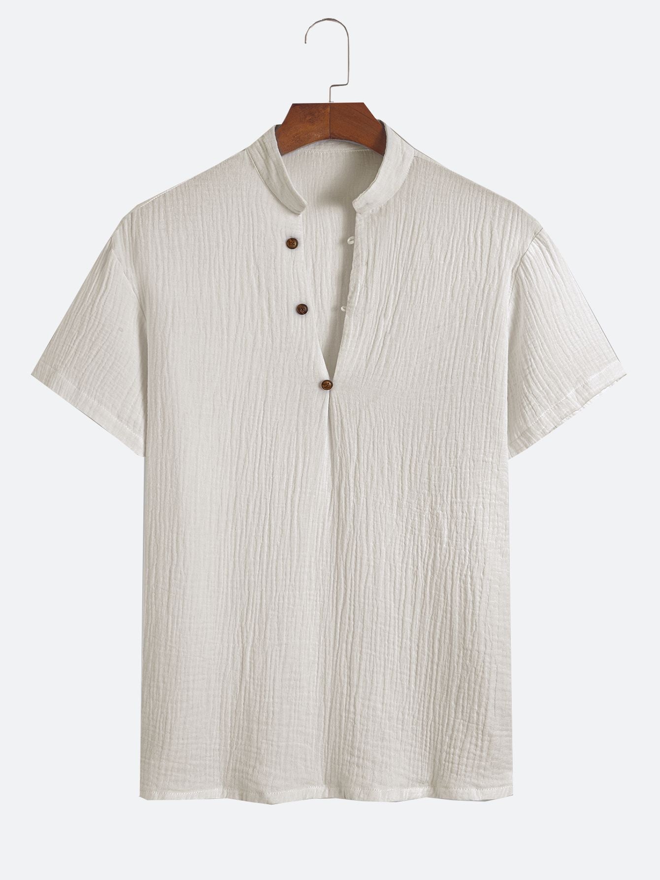 Textured Henley Collar Casual Short-Sleeve T-Shirt with Diagonal Button