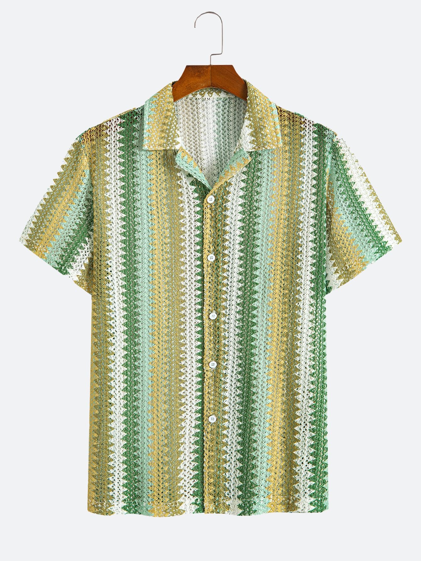 Green And Yellow Gradient Striped Openwork Casual Short-Sleeved Shirt