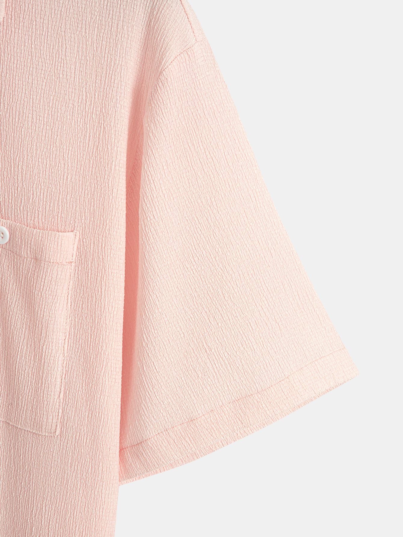 Textured Pink Casual Collared Short-Sleeve Shirt