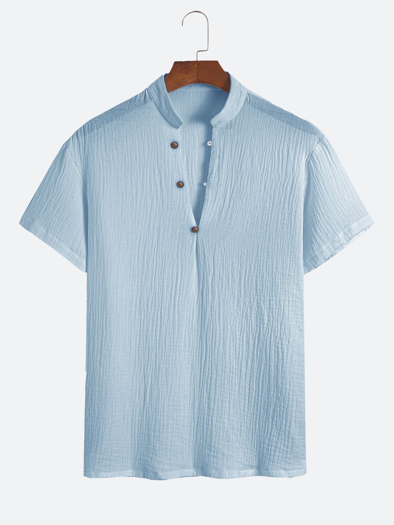 Textured Henley Collar Casual Short-Sleeve T-Shirt with Diagonal Button