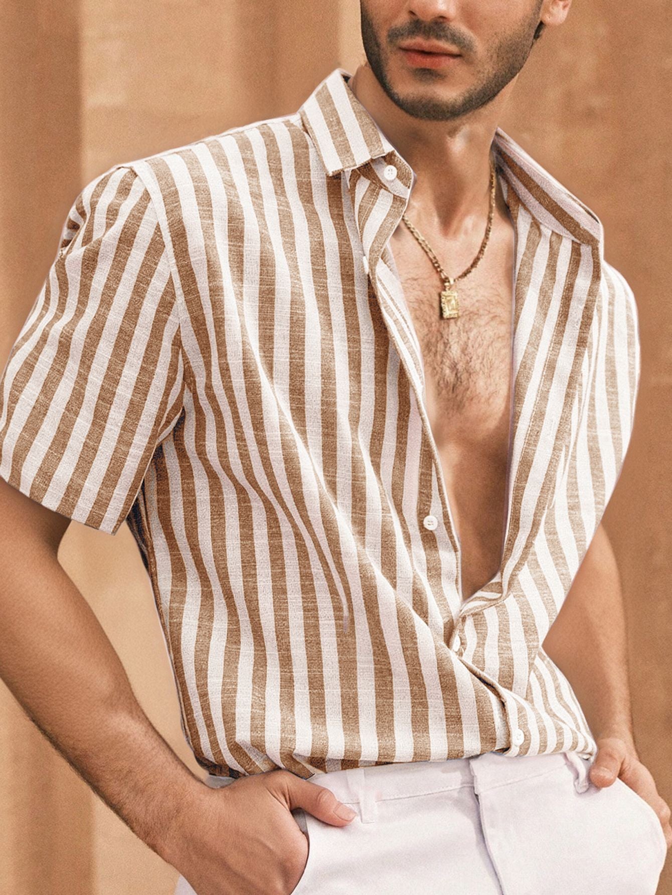 Vertical Striped Textured Casual Vacation Short-Sleeved Shirt