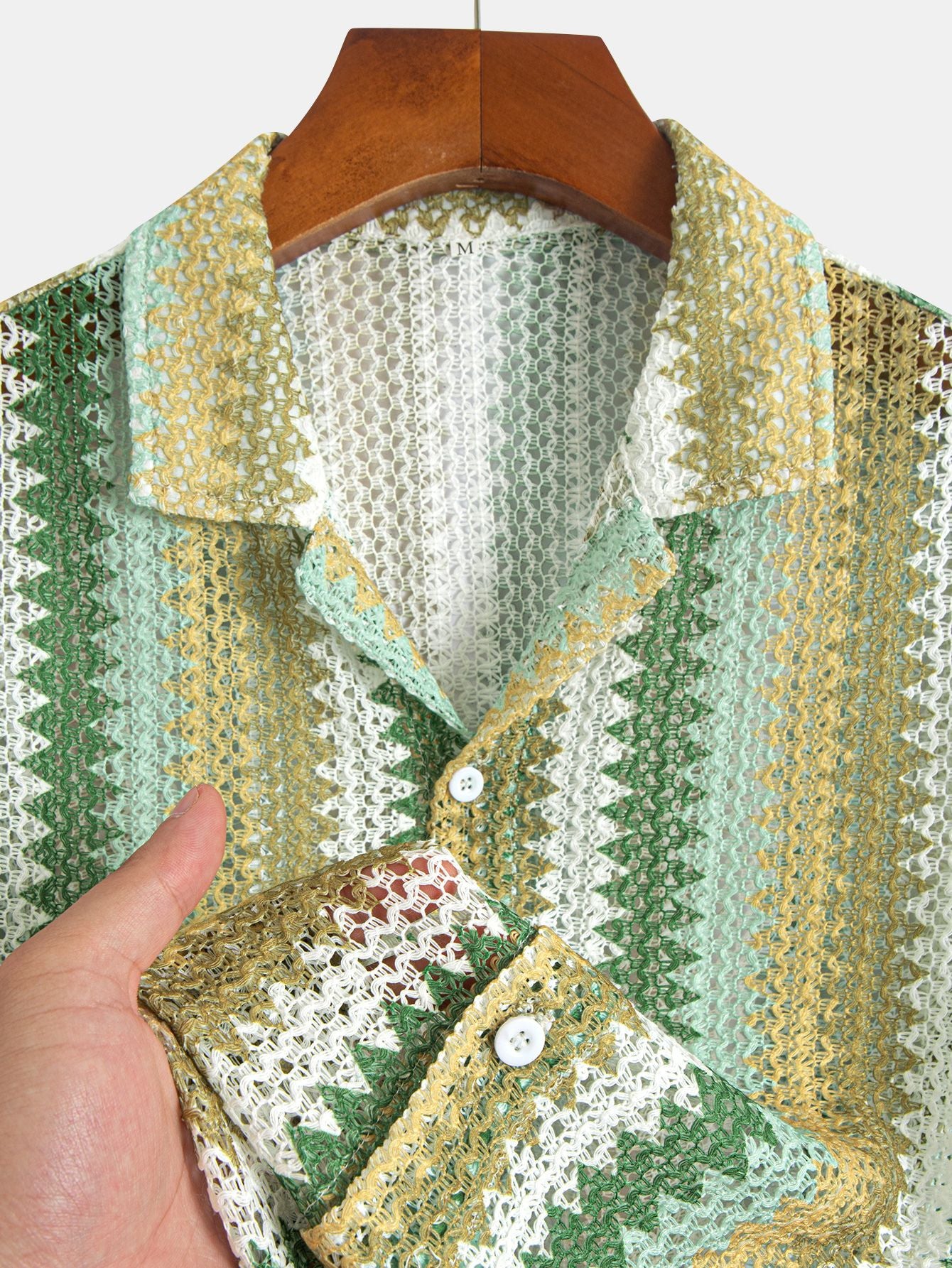 Green And Yellow Gradient Striped Openwork Casual Short-Sleeved Shirt