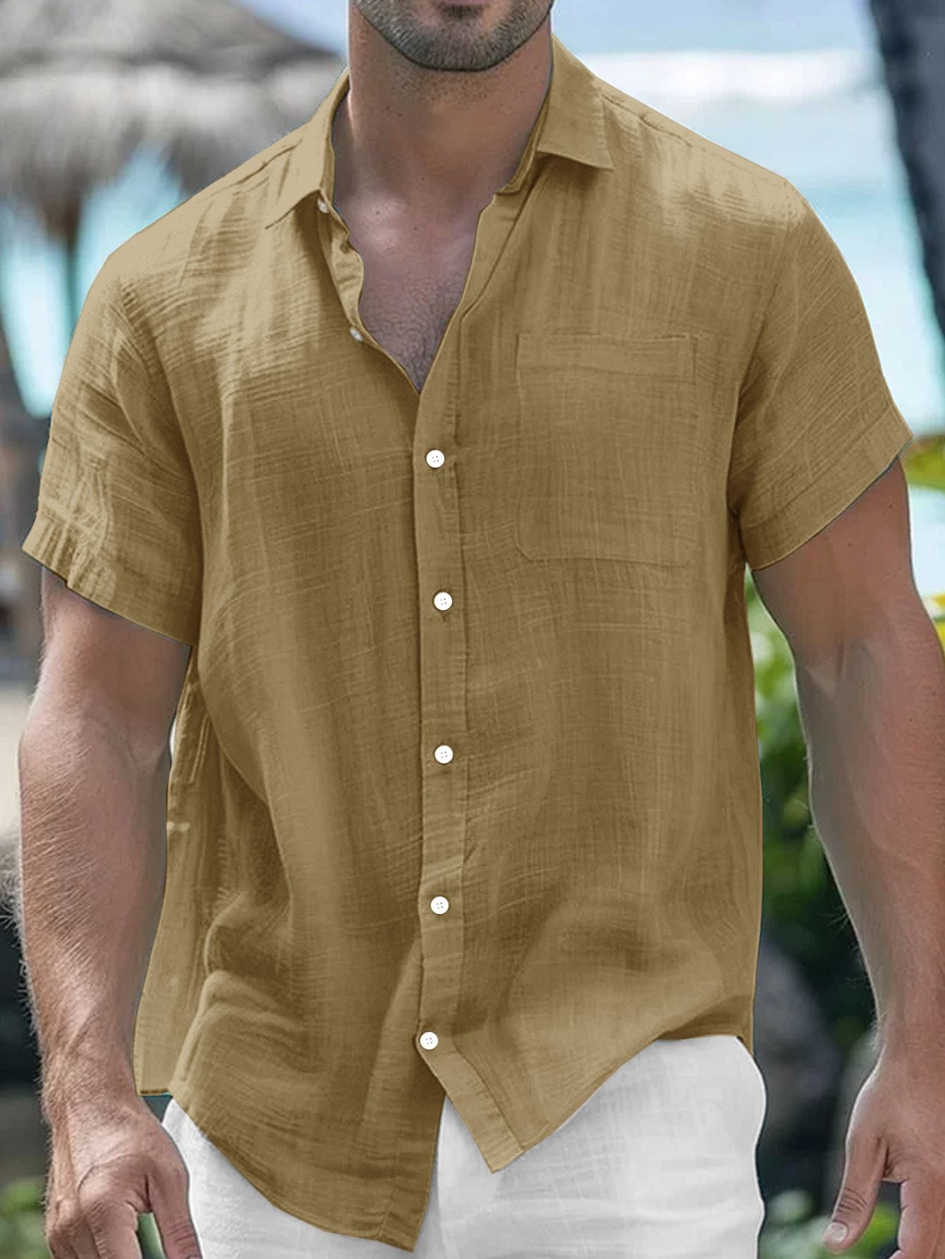 Khaki Brown Casual Shirt with Linen Texture