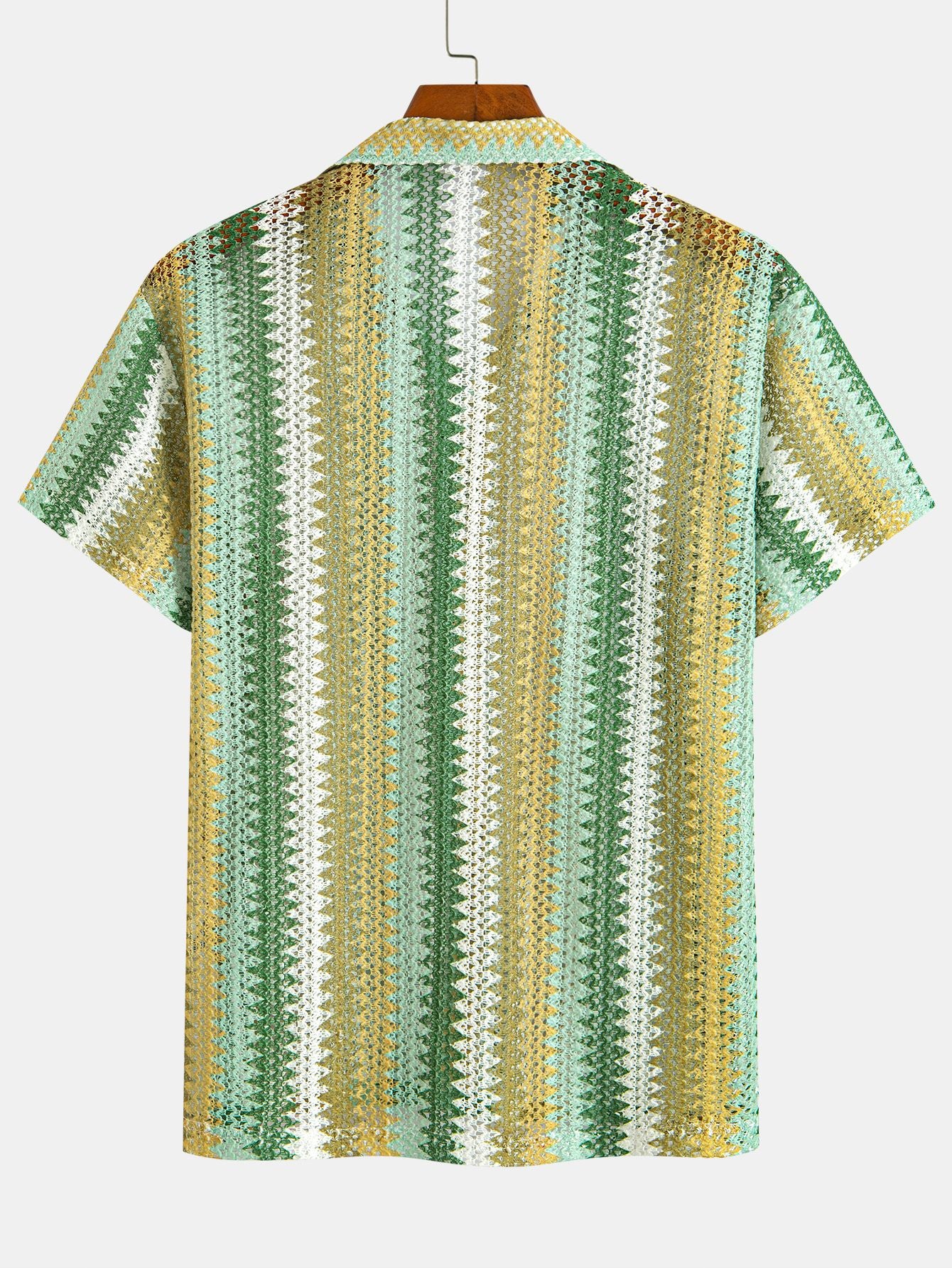 Green And Yellow Gradient Striped Openwork Casual Short-Sleeved Shirt