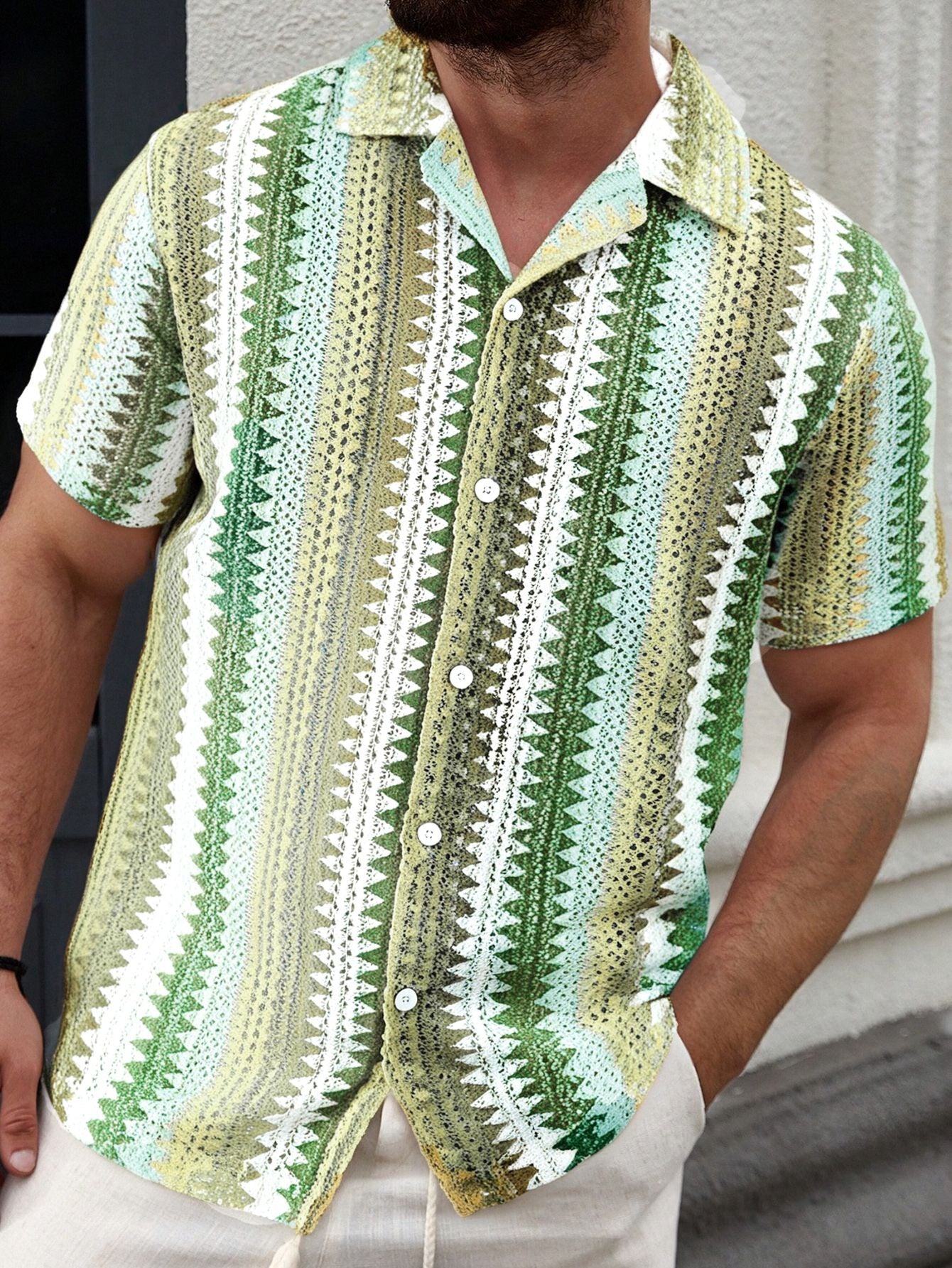 Green And Yellow Gradient Striped Openwork Casual Short-Sleeved Shirt