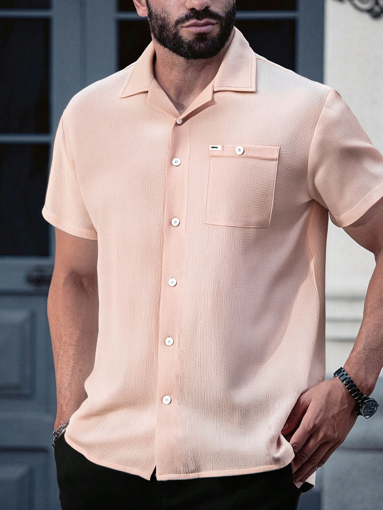 Textured Pink Casual Collared Short-Sleeve Shirt