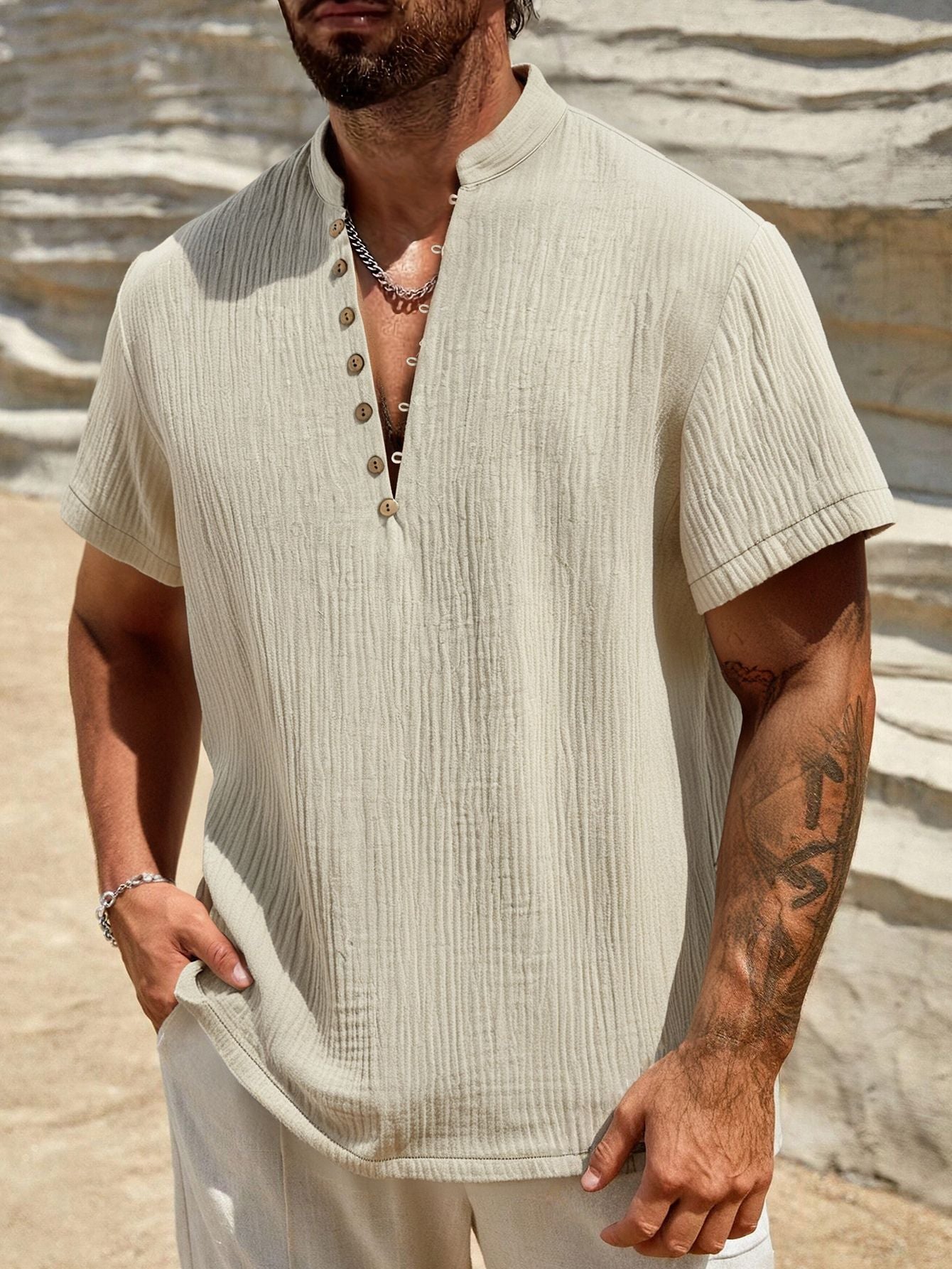 Henley Collar Textured Basic Khaki T-shirt